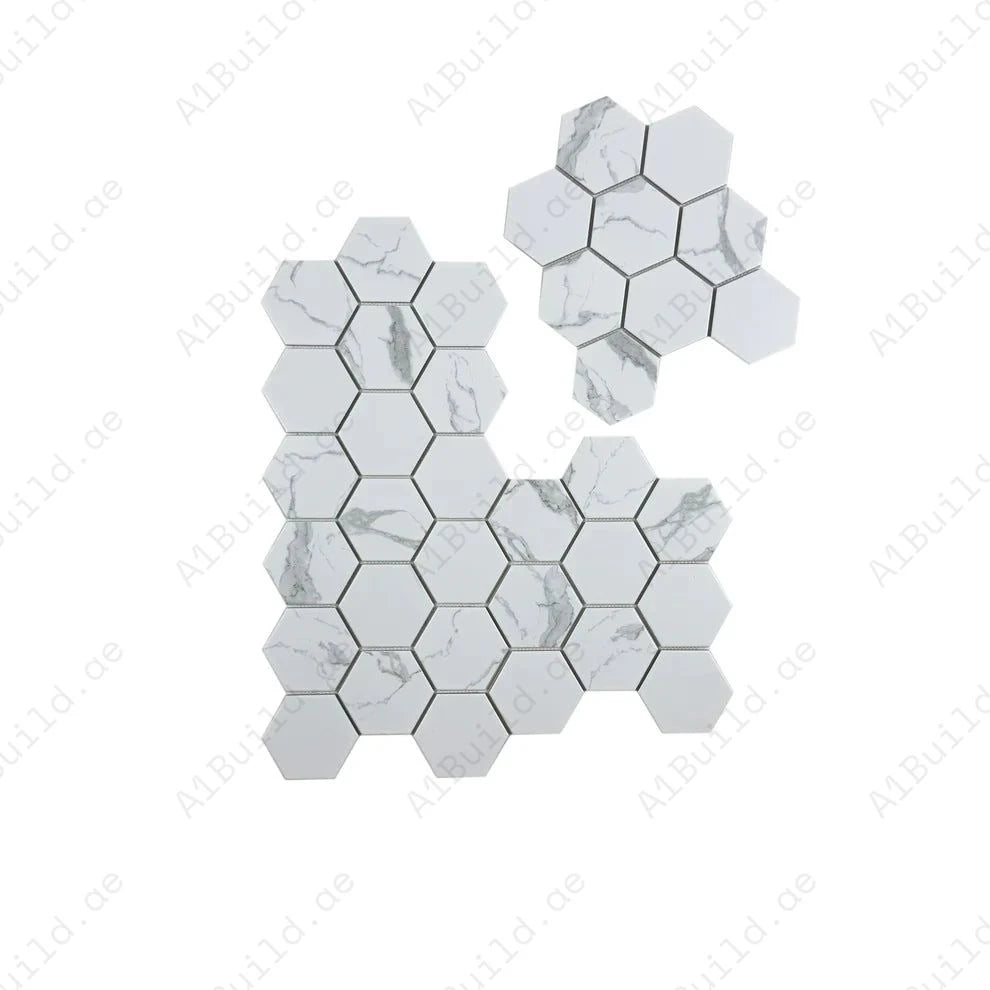 Carrara Lumina White Hexagon Porcelain Mosaic MCS660801. 95x95x6 mm chips, 255x295x6 mm sheets. Box of 13 covers 0.98 sqm. Durable porcelain; box weight 12 kgs.