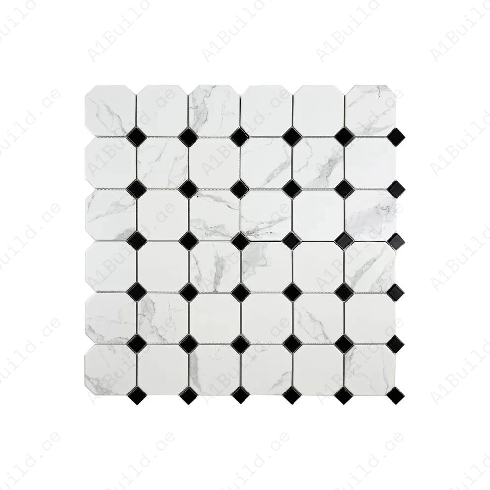 Carrara Lumina White Hexagon with Black Square Mixed Porcelain Mosaic MCS660773. 95x95 mm chips, 22 sheets per box covering 1.98 sqm. Elegant, bold design.