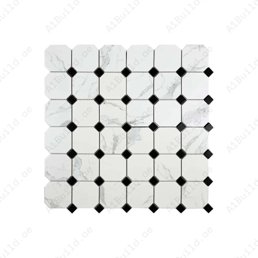Carrara Lumina White Hexagon with Black Square Mixed Porcelain Mosaic MCS660773. 95x95 mm chips, 22 sheets per box covering 1.98 sqm. Elegant, bold design.