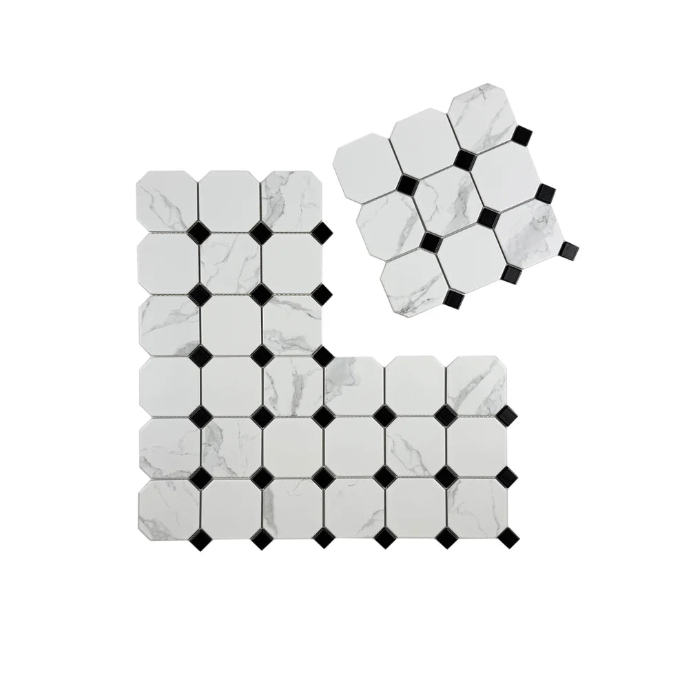 Carrara Lumina White Hexagon with Black Square Mixed Porcelain Mosaic MCS660773. 95x95 mm chips, 22 sheets per box covering 1.98 sqm. Elegant, bold design.