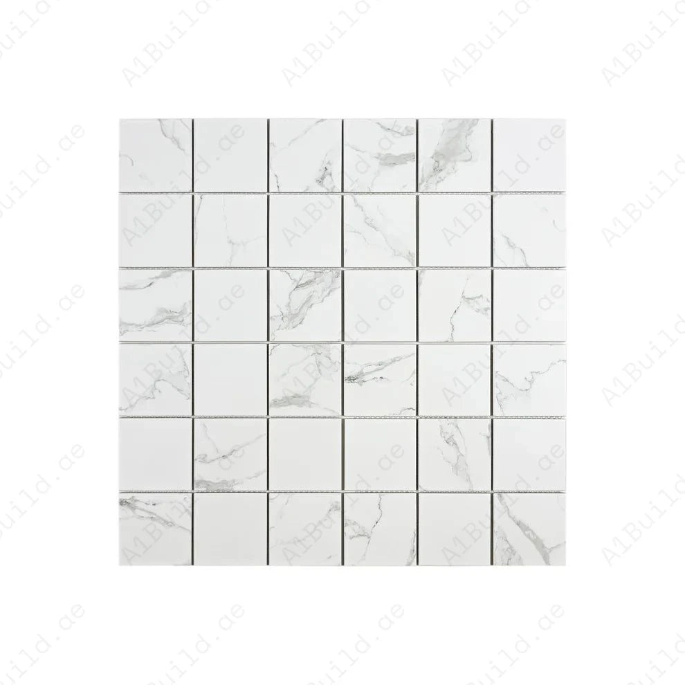 Carrara Lumina White Square Porcelain Mosaic MCS660601. 48x48 mm chips, 305x305 mm sheets, 22 sheets per box covering 2 sqm. Strong, stylish, and versatile.