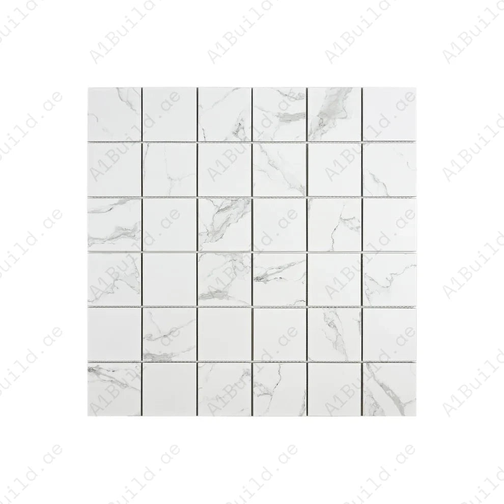 Carrara Lumina White Square Porcelain Mosaic MCS660601. 48x48 mm chips, 305x305 mm sheets, 22 sheets per box covering 2 sqm. Strong, stylish, and versatile.