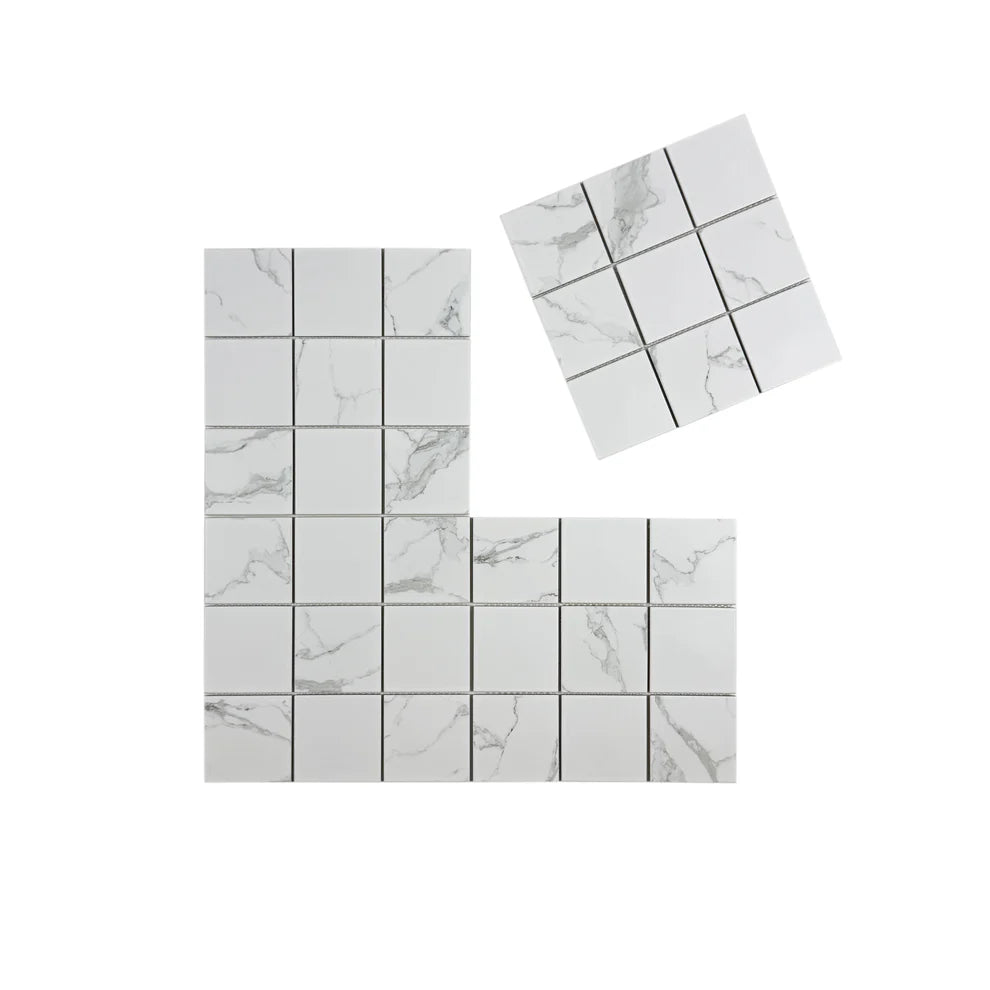 Carrara Lumina White Square Porcelain Mosaic MCS660601. 48x48 mm chips, 305x305 mm sheets, 22 sheets per box covering 2 sqm. Strong, stylish, and versatile.