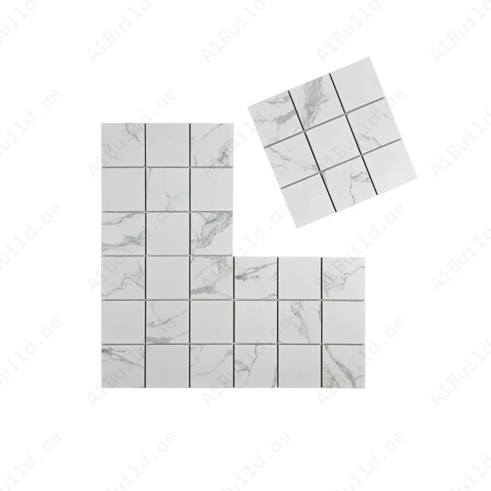 Carrara Lumina White Square Porcelain Mosaic MCS660601. 48x48 mm chips, 305x305 mm sheets, 22 sheets per box covering 2 sqm. Strong, stylish, and versatile.