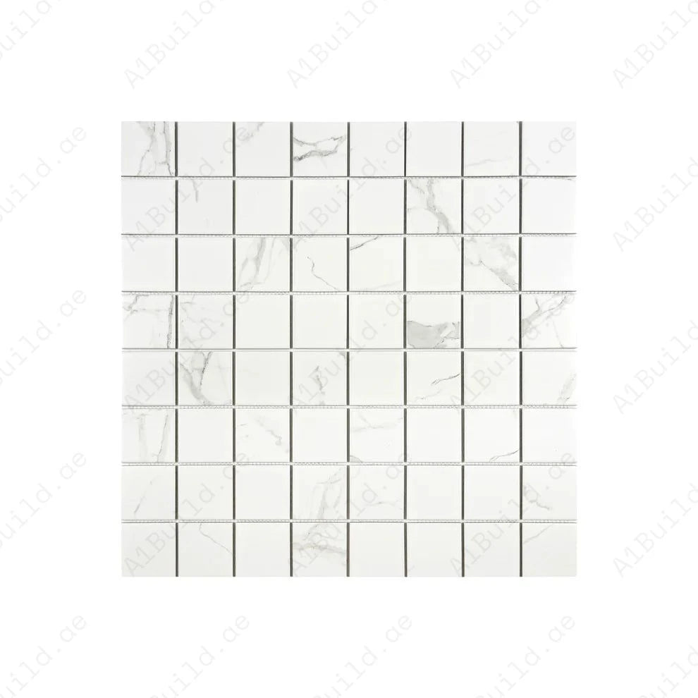 Carrara Lumina White Square Porcelain Mosaic MCS660602 with 75x75 mm chips. Each 305x305 mm sheet, 22 per box, covers 2 sqm. Durable, elegant, versatile tile.