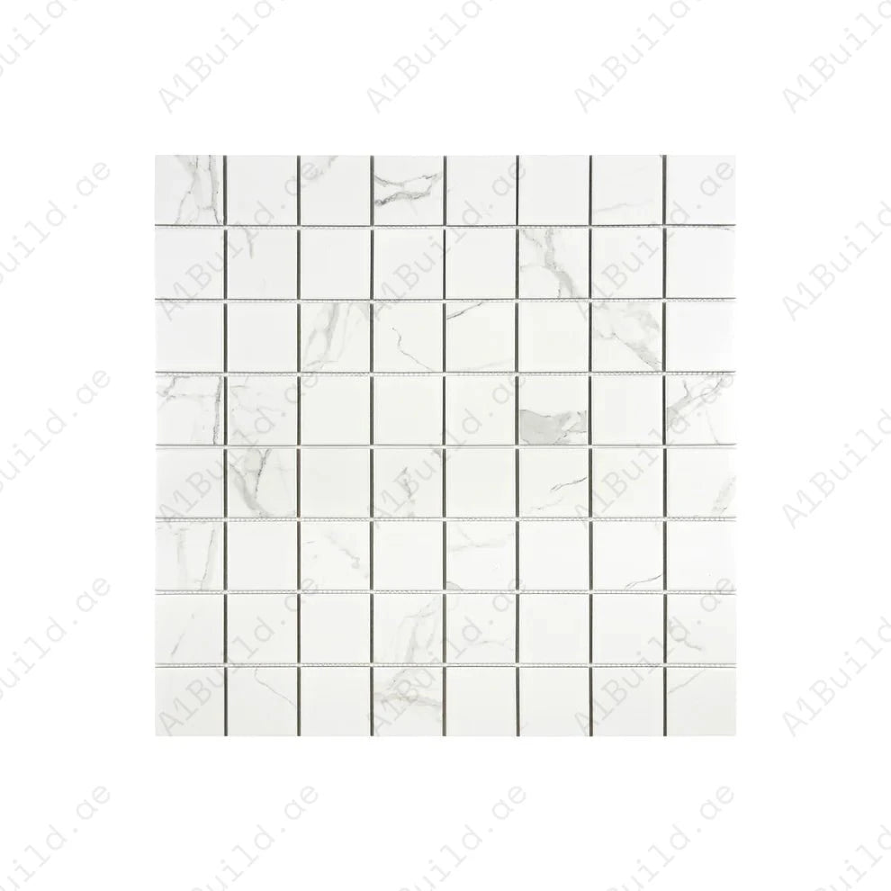 Carrara Lumina White Square Porcelain Mosaic MCS660602 with 75x75 mm chips. Each 305x305 mm sheet, 22 per box, covers 2 sqm. Durable, elegant, versatile tile.