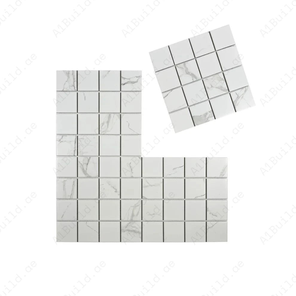 Carrara Lumina White Square Porcelain Mosaic MCS660602 with 75x75 mm chips. Each 305x305 mm sheet, 22 per box, covers 2 sqm. Durable, elegant, versatile tile.