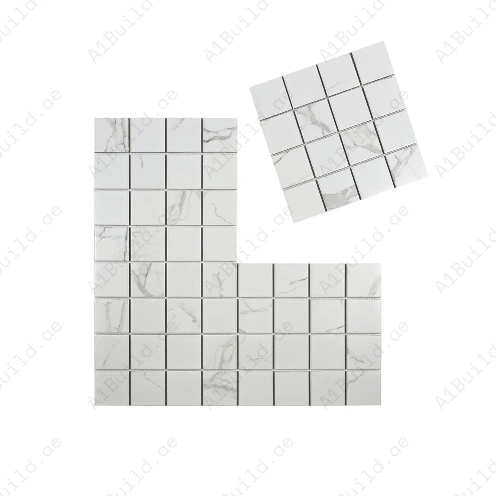 Carrara Lumina White Square Porcelain Mosaic MCS660602 with 75x75 mm chips. Each 305x305 mm sheet, 22 per box, covers 2 sqm. Durable, elegant, versatile tile.
