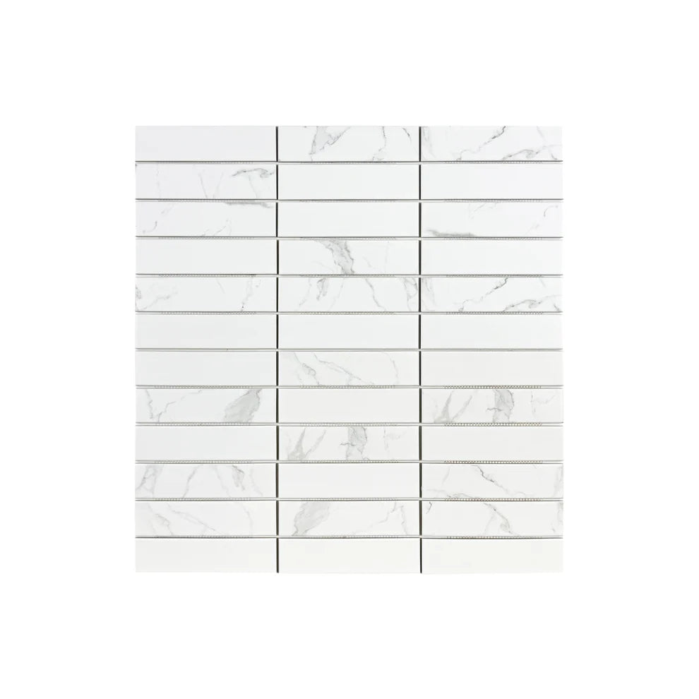 Carrara Lumina White Upright Plane Long Strip Porcelain Mosaic MCS660504. 50x200 mm chips, 16 sheets per box covering 1 sqm. Durable, elegant, and versatile.
