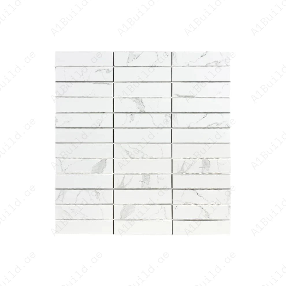 Carrara Lumina White Upright Plane Long Strip Porcelain Mosaic MCS660504. 50x200 mm chips, 16 sheets per box covering 1 sqm. Durable, elegant, and versatile.