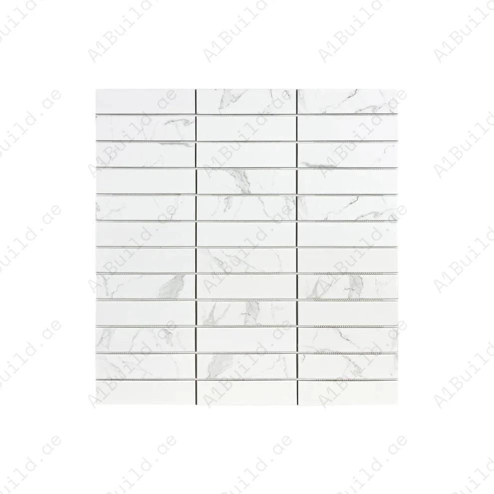 Carrara Lumina White Upright Plane Long Strip Porcelain Mosaic MCS660504. 50x200 mm chips, 16 sheets per box covering 1 sqm. Durable, elegant, and versatile.
