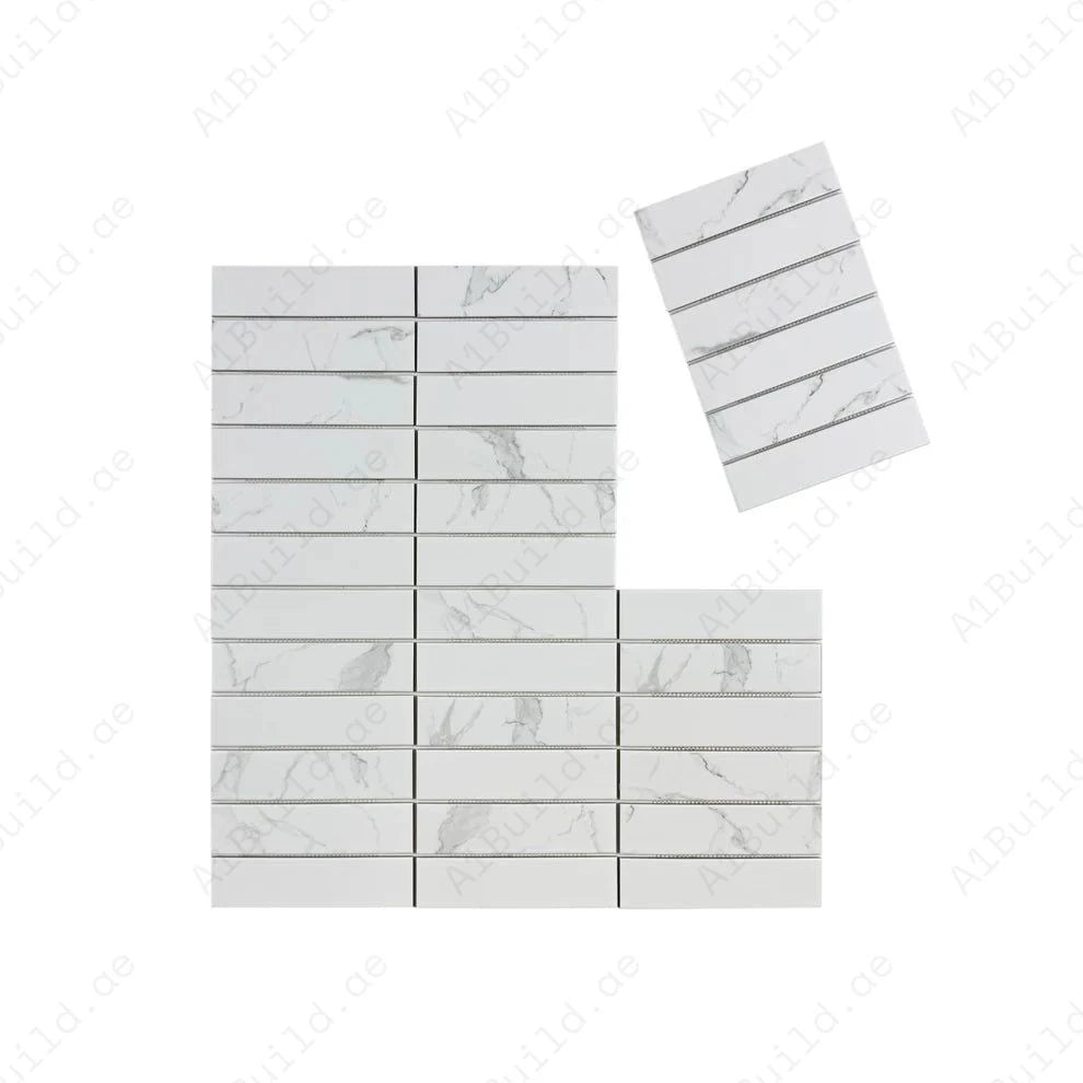Carrara Lumina White Upright Plane Long Strip Porcelain Mosaic MCS660504. 50x200 mm chips, 16 sheets per box covering 1 sqm. Durable, elegant, and versatile.