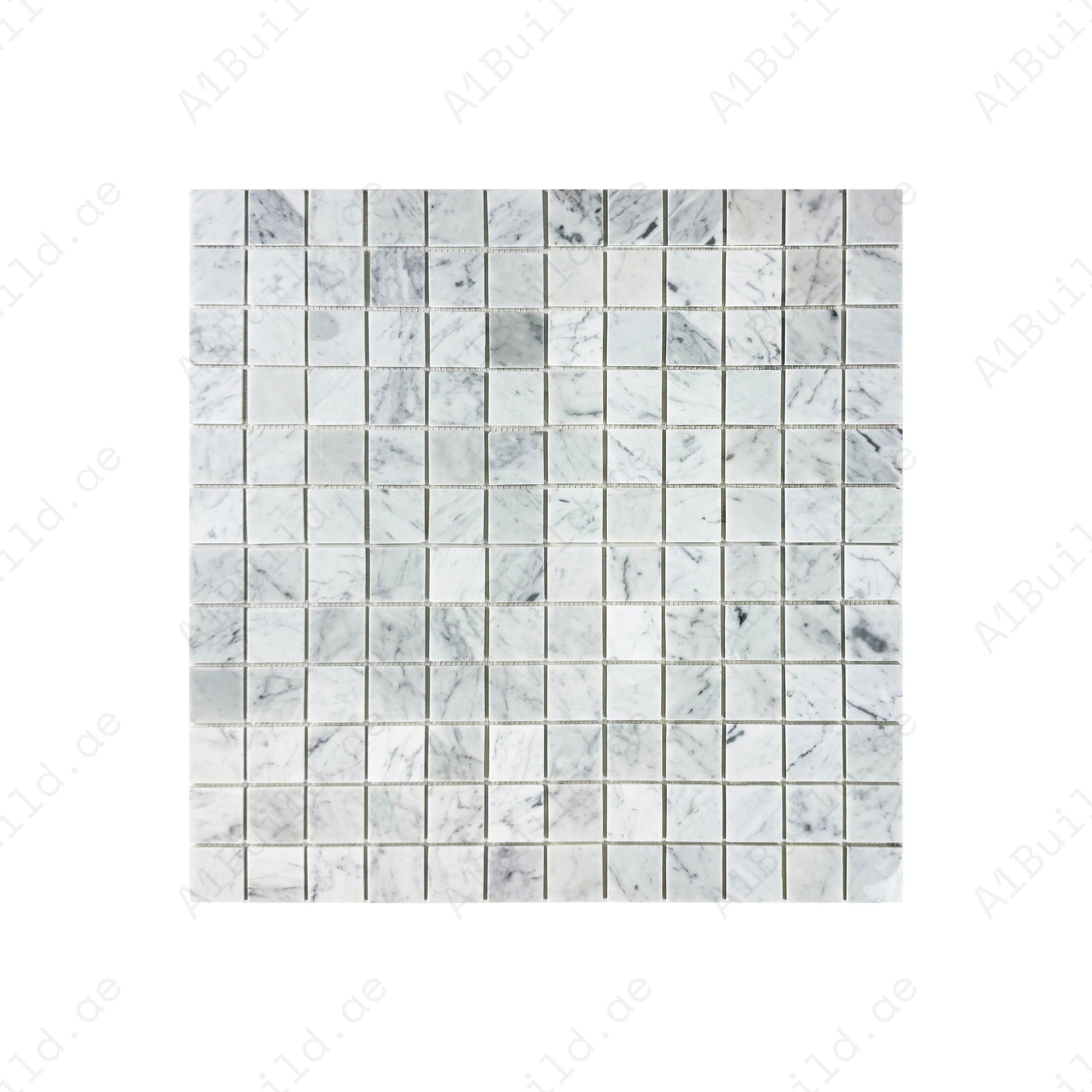 Carrara White Marble Mosaic 23x23mm. Premium polished marble, durable, stain & scratch resistant, perfect for luxury bathrooms, kitchens, walls & flooring.