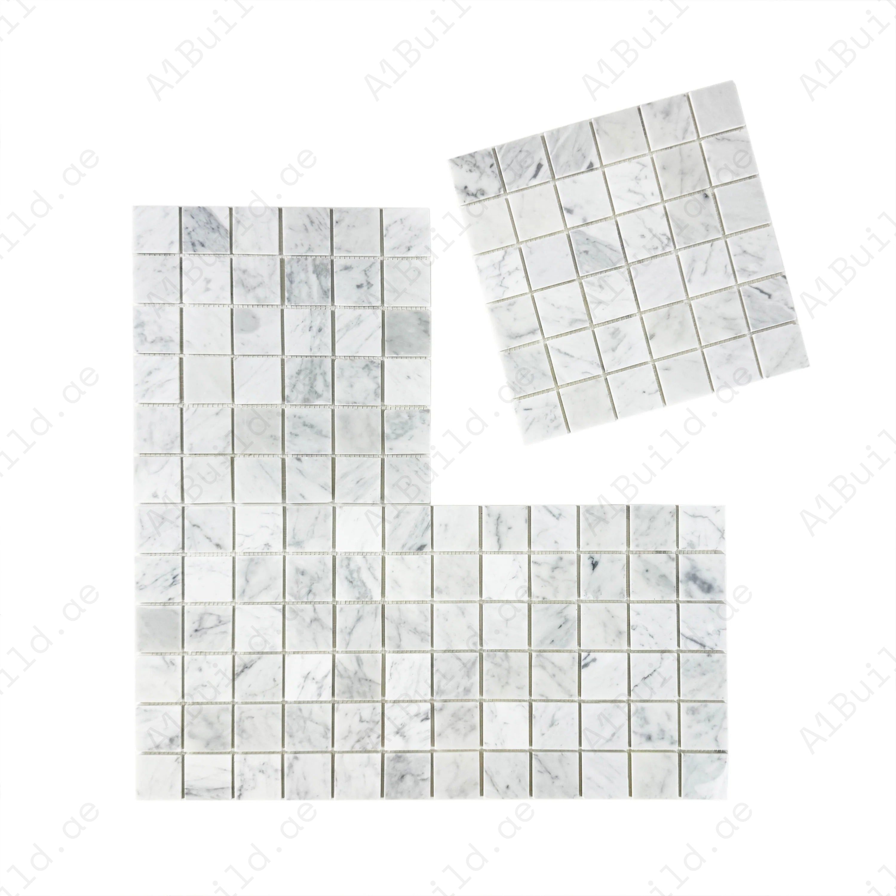 Carrara White Marble Mosaic 23x23mm. Premium polished marble, durable, stain & scratch resistant, perfect for luxury bathrooms, kitchens, walls & flooring.