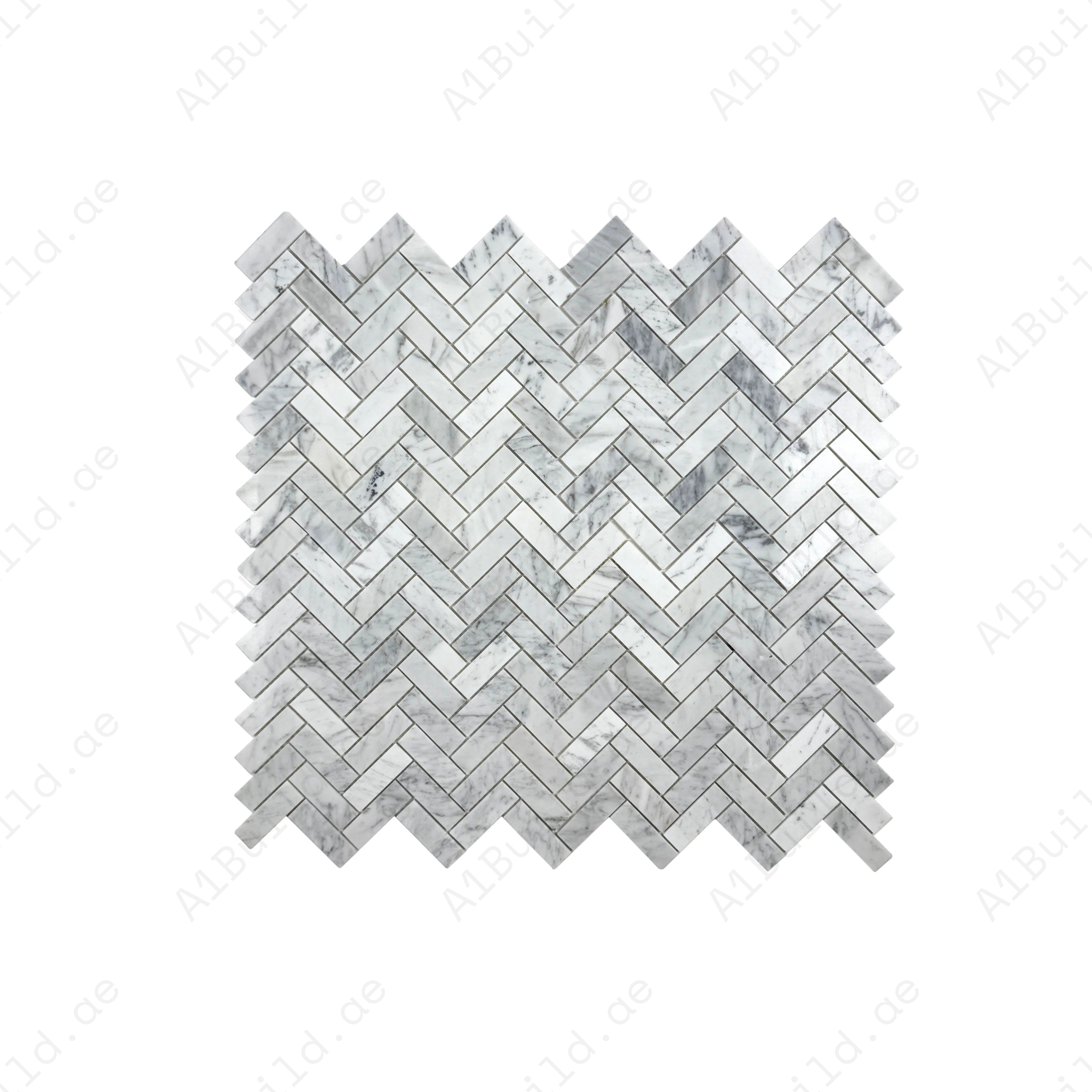 Carrara White Polished Herringbone Marble Mosaic – Classic polished marble for walls, kitchens, bathrooms, and luxury interiors with timeless herringbone style.
