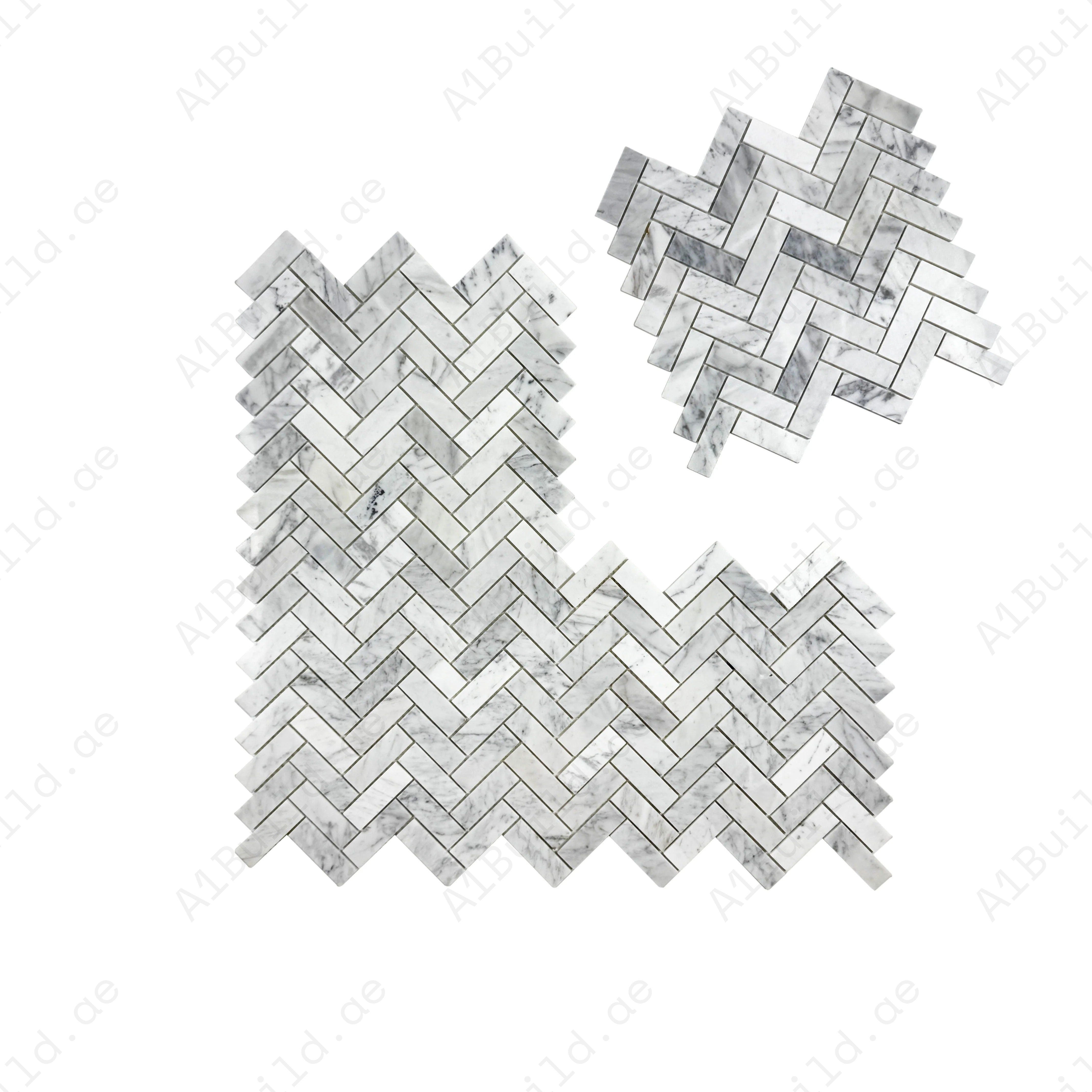 Carrara White Polished Herringbone Marble Mosaic – Classic polished marble for walls, kitchens, bathrooms, and luxury interiors with timeless herringbone style.