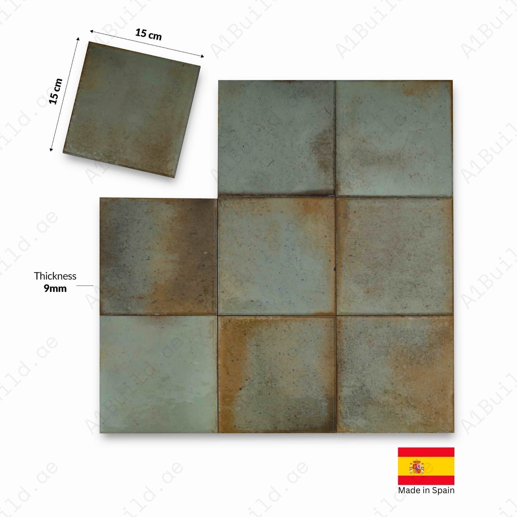 Celadon glossy 15x15cm Spanish porcelain tiles for indoor floors, walls, and outdoor walls. Durable, stylish, and easy to maintain.