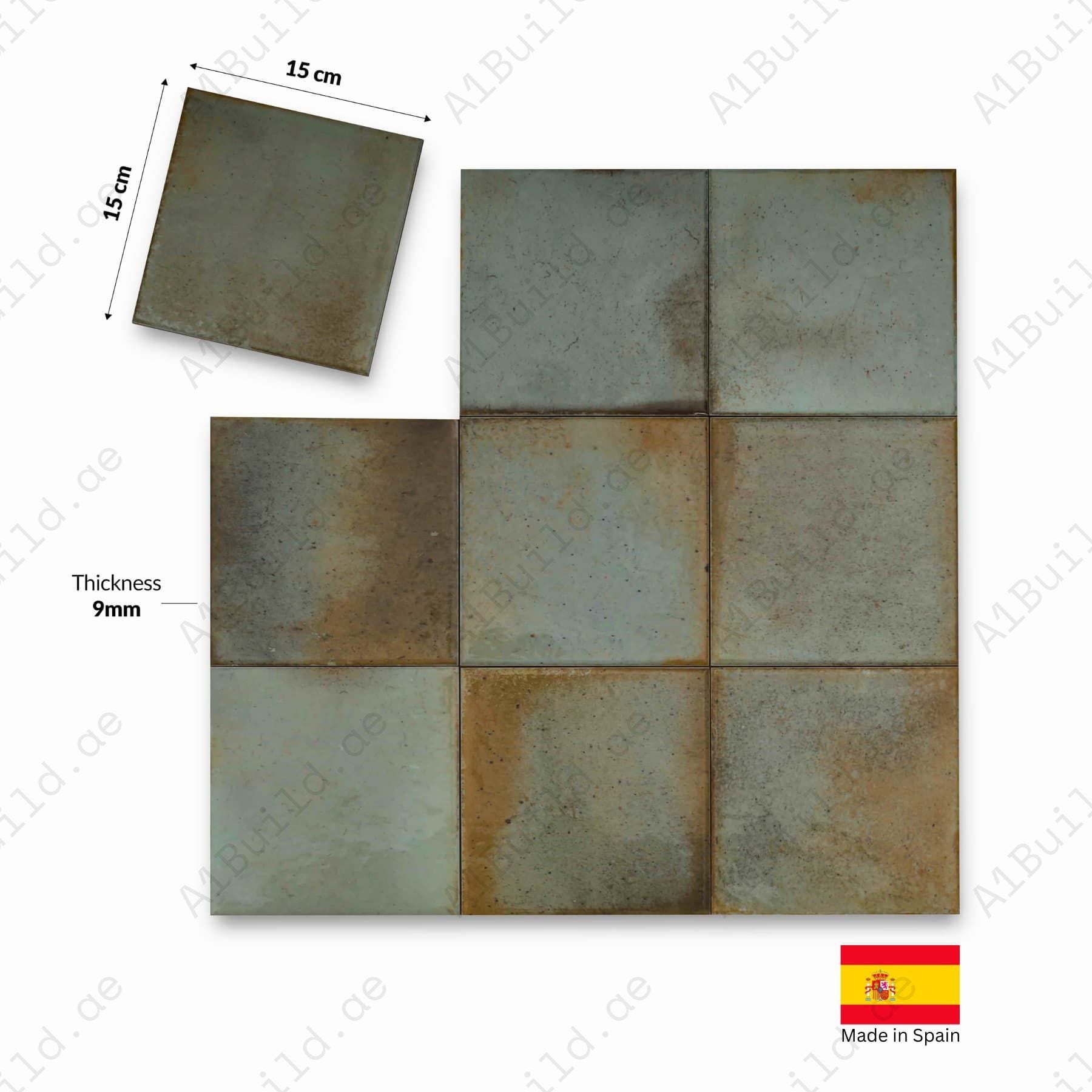 Celadon glossy 15x15cm Spanish porcelain tiles for indoor floors, walls, and outdoor walls. Durable, stylish, and easy to maintain.