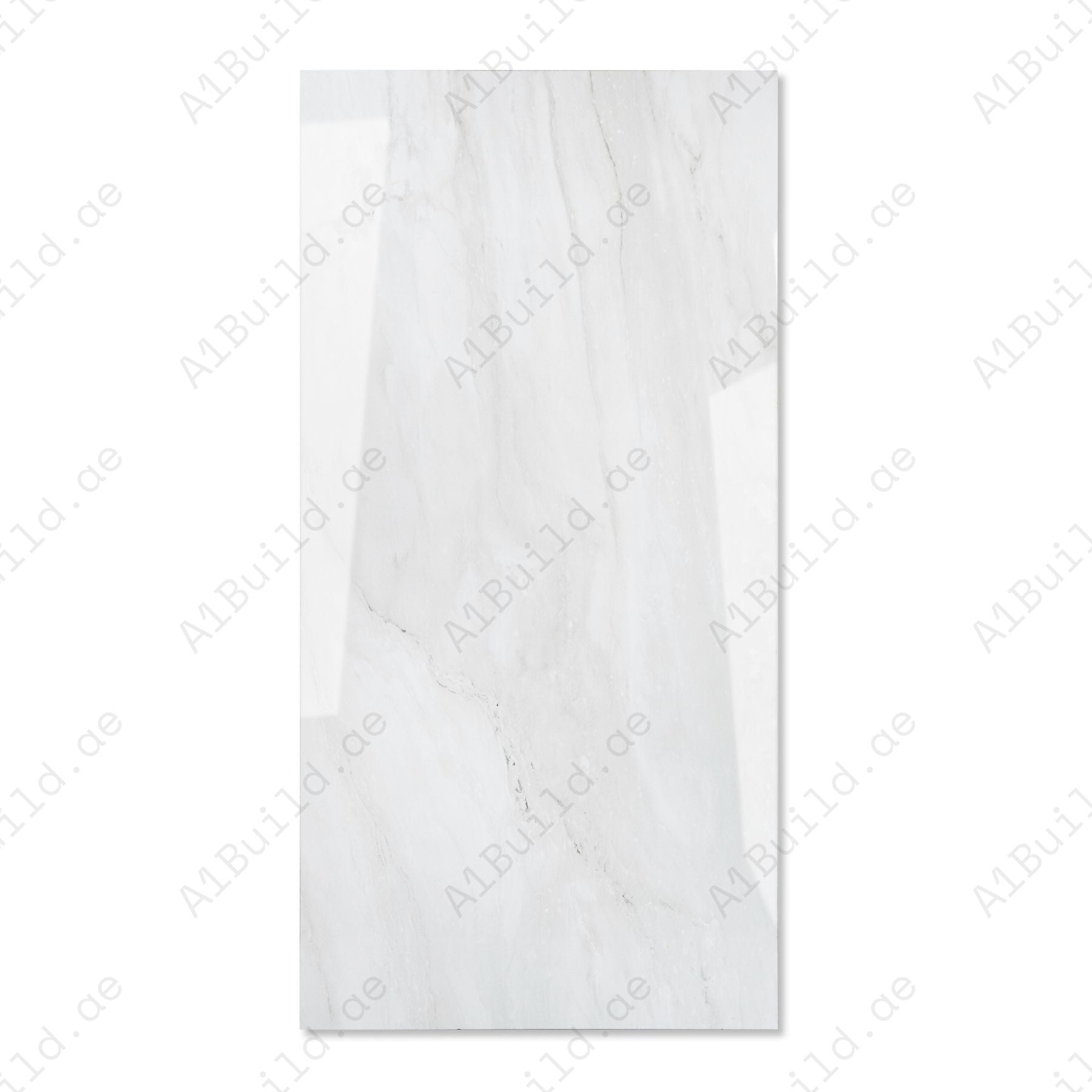 Celeste White glossy marble effect porcelain tile 60x120cm with 9mm thickness features bright white base, soft grey veins and polished finish.