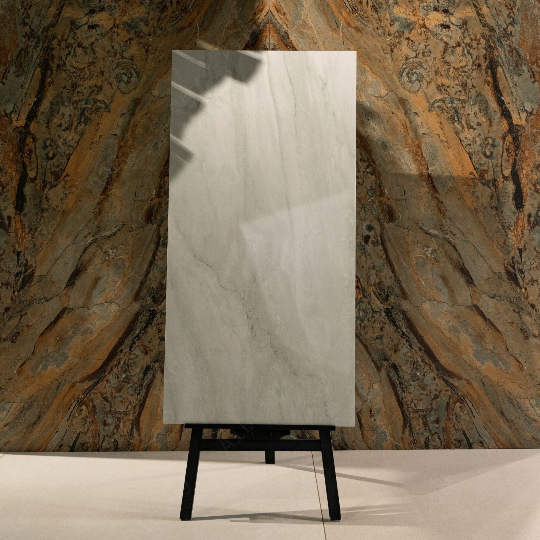 Celeste White glossy marble effect porcelain tile 60x120cm with 9mm thickness features bright white base, soft grey veins and polished finish.