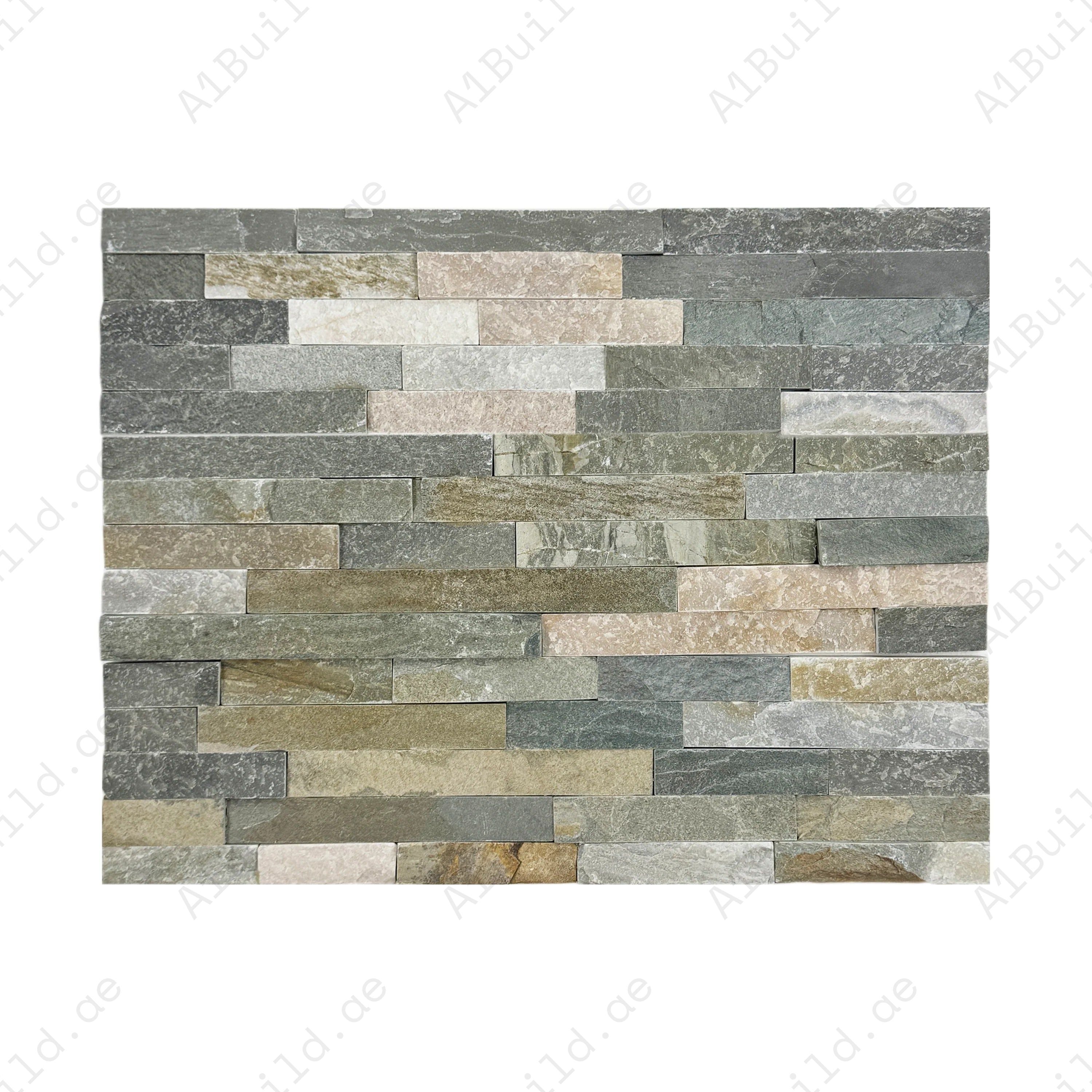 Celestial Terra P014 Slate Wall Cladding blends light beige, fawn, green & pink tones. Durable stone panels ideal for elegant indoor & outdoor wall designs.