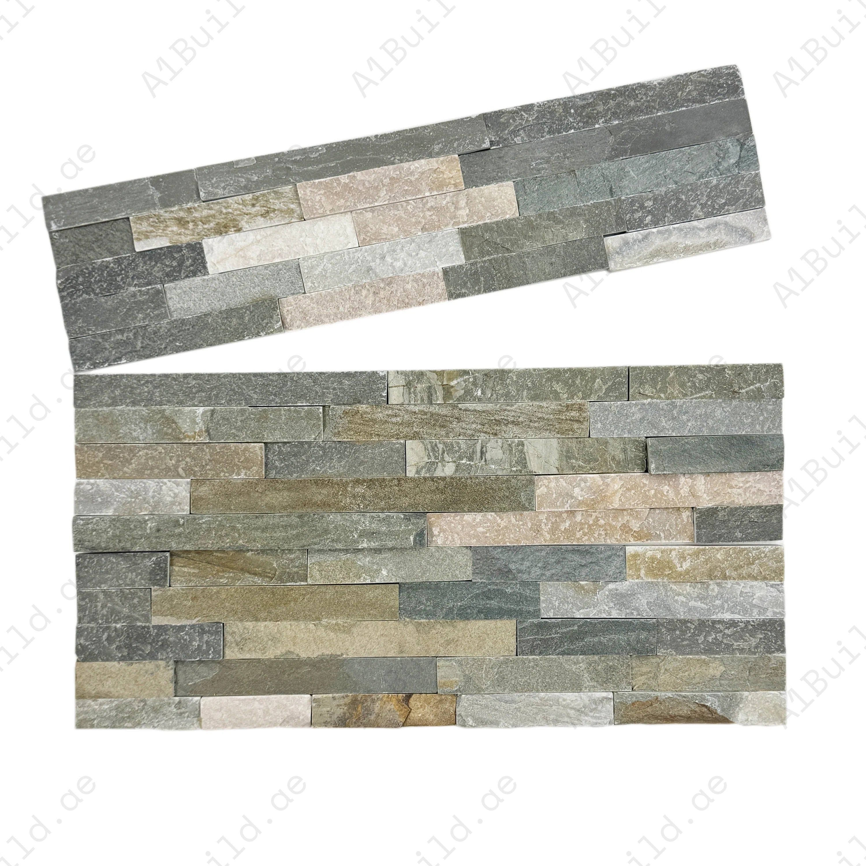 Celestial Terra P014 Slate Wall Cladding blends light beige, fawn, green & pink tones. Durable stone panels ideal for elegant indoor & outdoor wall designs.