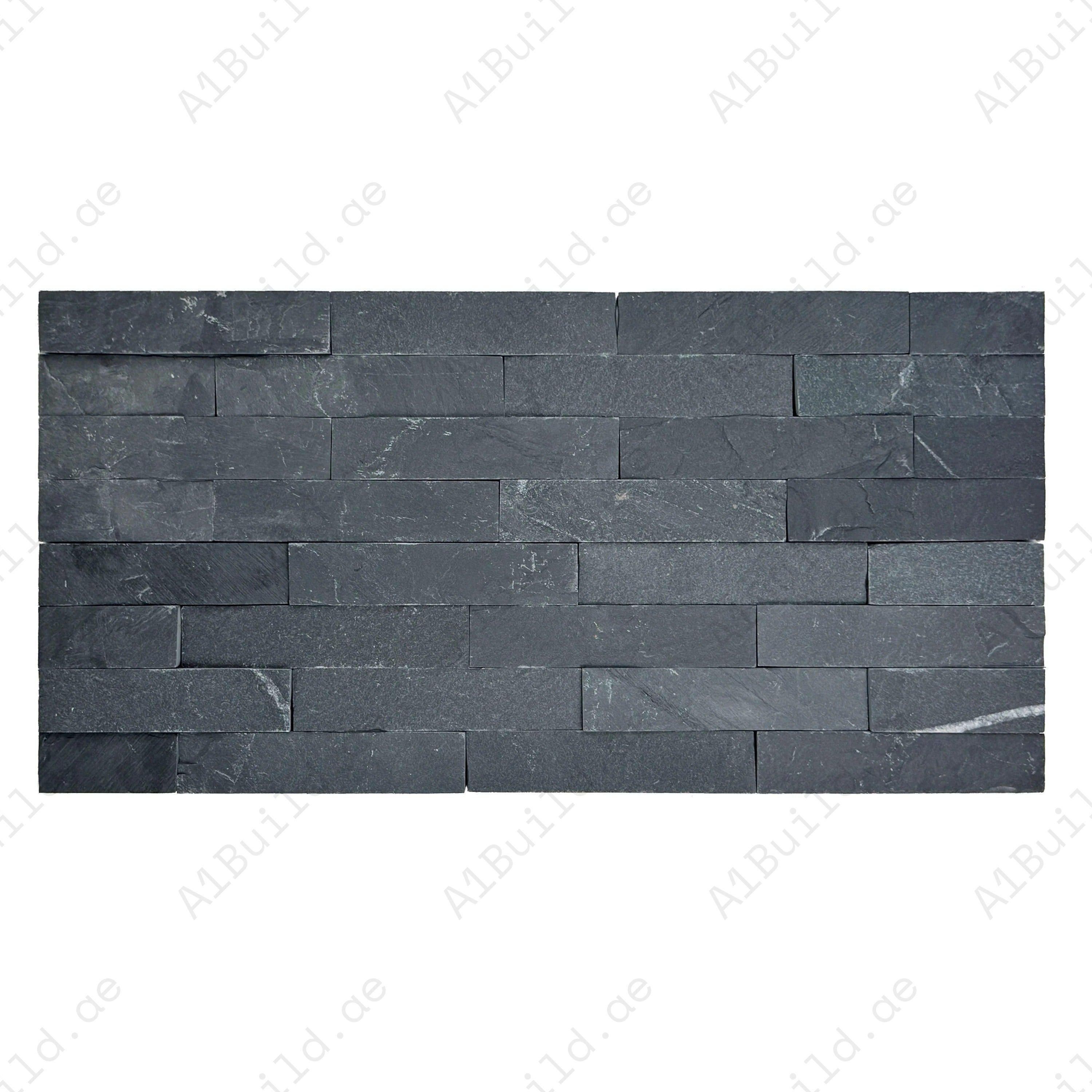 Celestial Terra P018 black flat slate wall cladding, 150x600mm. 8 pcs/box (0.72 sqm), 23Kg/sqm. Durable natural stone with 4-line sheet design for walls.