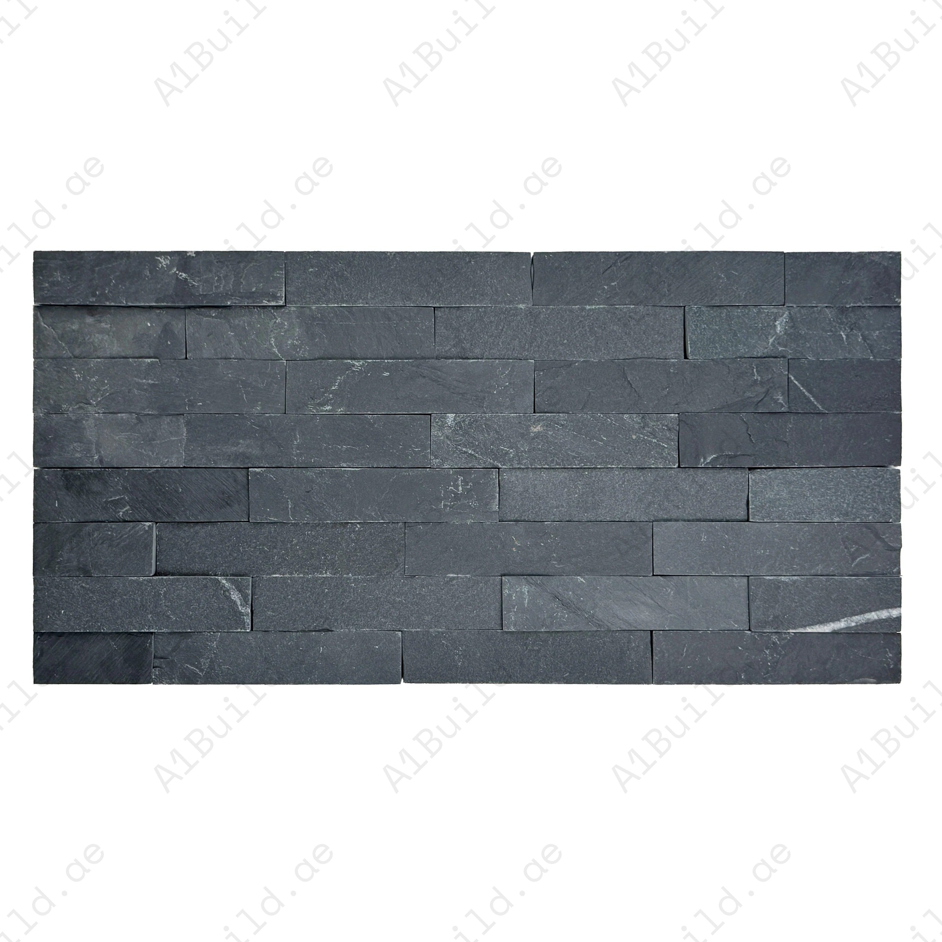 Celestial Terra P018 black flat slate wall cladding, 150x600mm. 8 pcs/box (0.72 sqm), 23Kg/sqm. Durable natural stone with 4-line sheet design for walls.