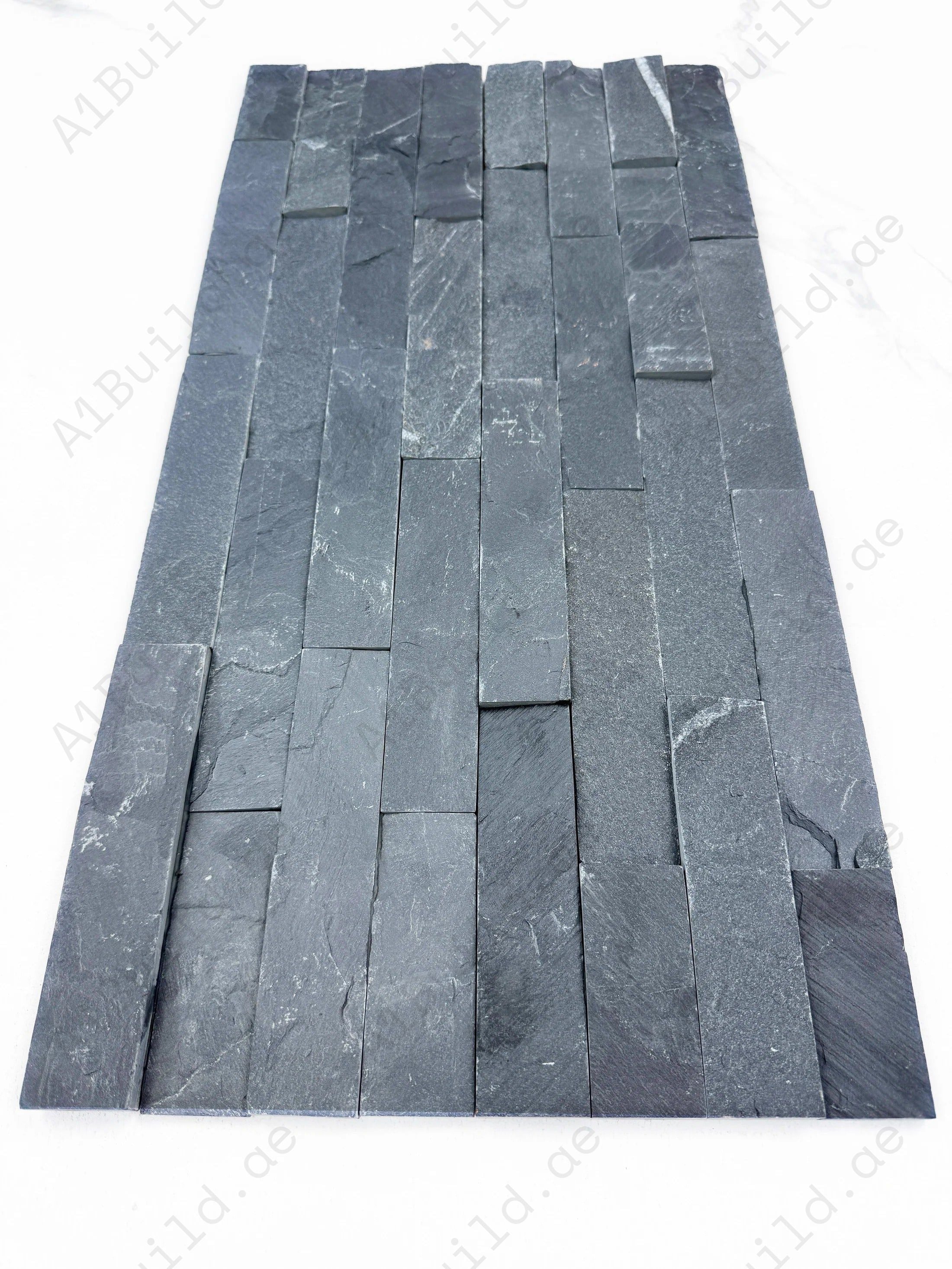 Celestial Terra P018 black flat slate wall cladding, 150x600mm. 8 pcs/box (0.72 sqm), 23Kg/sqm. Durable natural stone with 4-line sheet design for walls.