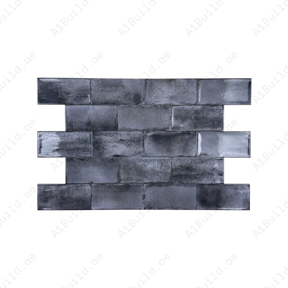 Charcoal Grey Glossy Ceramic Artisanal Tile 100x200 mm. Durable, water-resistant, and elegant design for walls, floors, kitchens, bathrooms, and interiors.