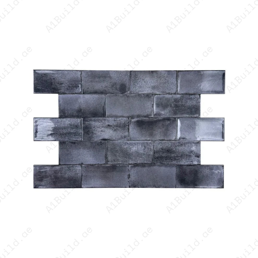 Charcoal Grey Glossy Ceramic Artisanal Tile 100x200 mm. Durable, water-resistant, and elegant design for walls, floors, kitchens, bathrooms, and interiors.