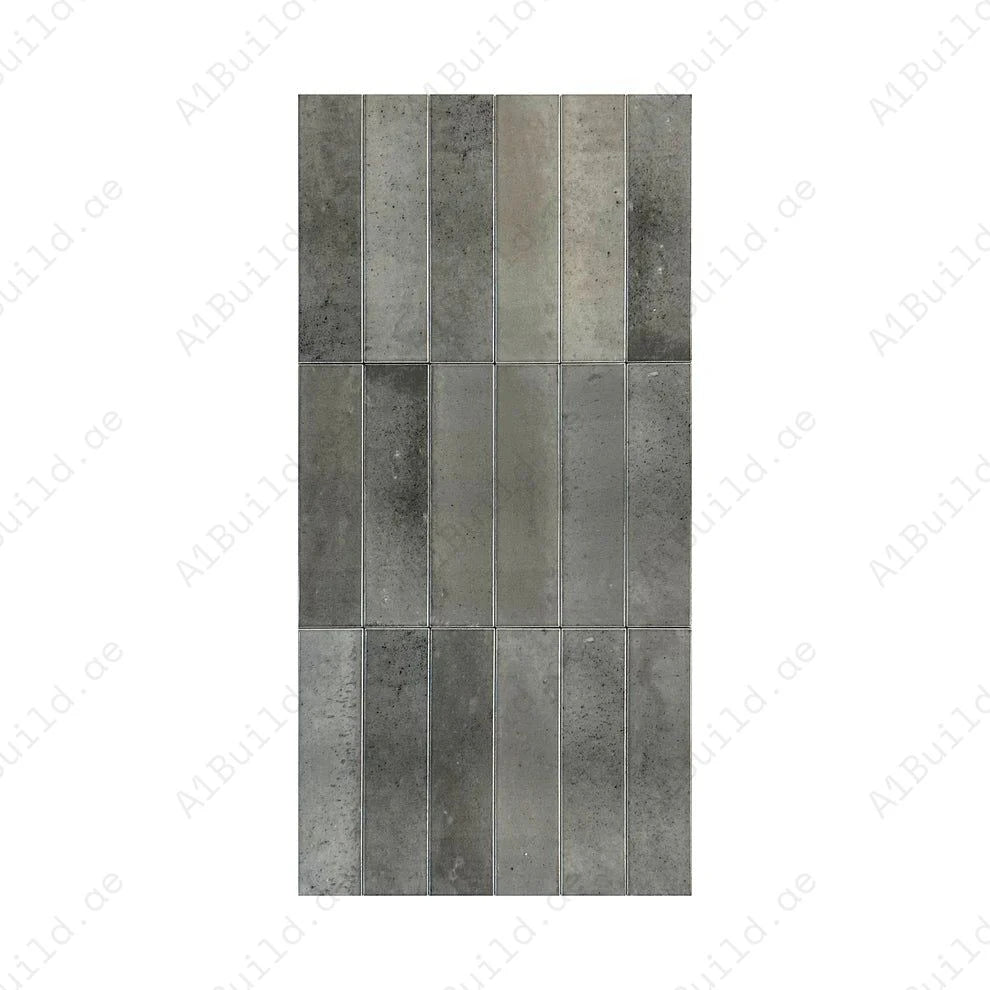 Charcoal Grey Glossy Porcelain Artisanal Tile 57x239 mm. Durable, water-resistant, and elegant tiles perfect for walls, floors, kitchens, and bathrooms.