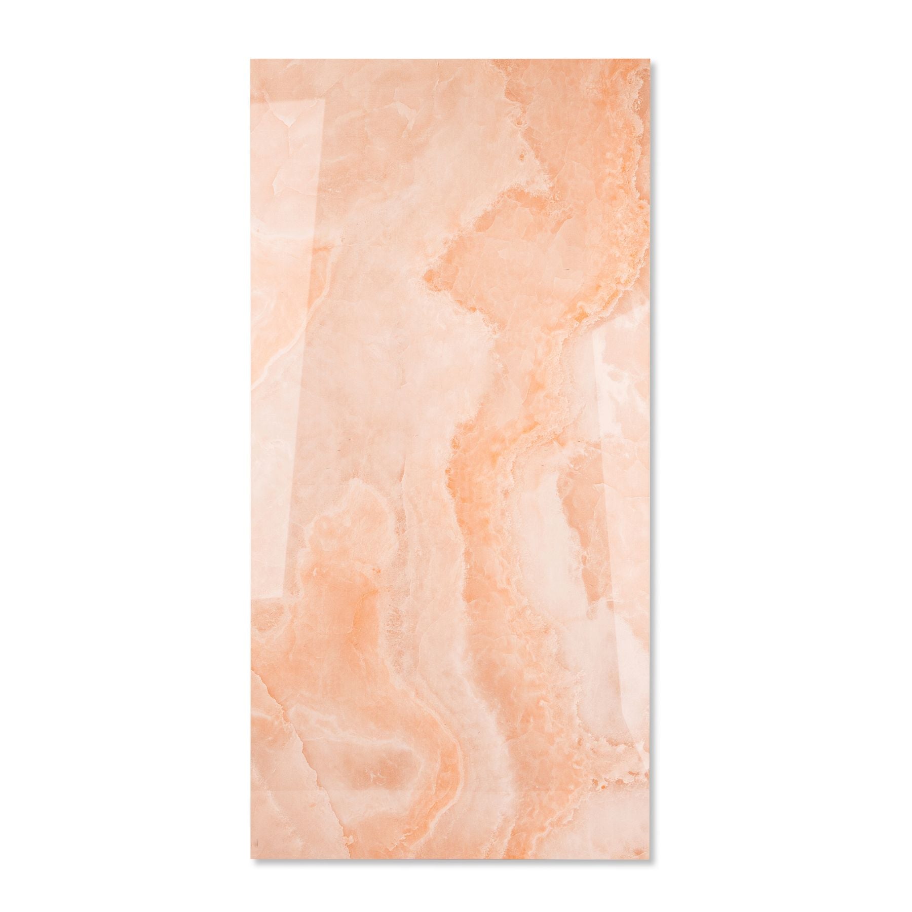 Coral Onyx glossy onyx effect porcelain tile 60x120cm with 9mm thickness features warm coral tones and polished luxury finish.
