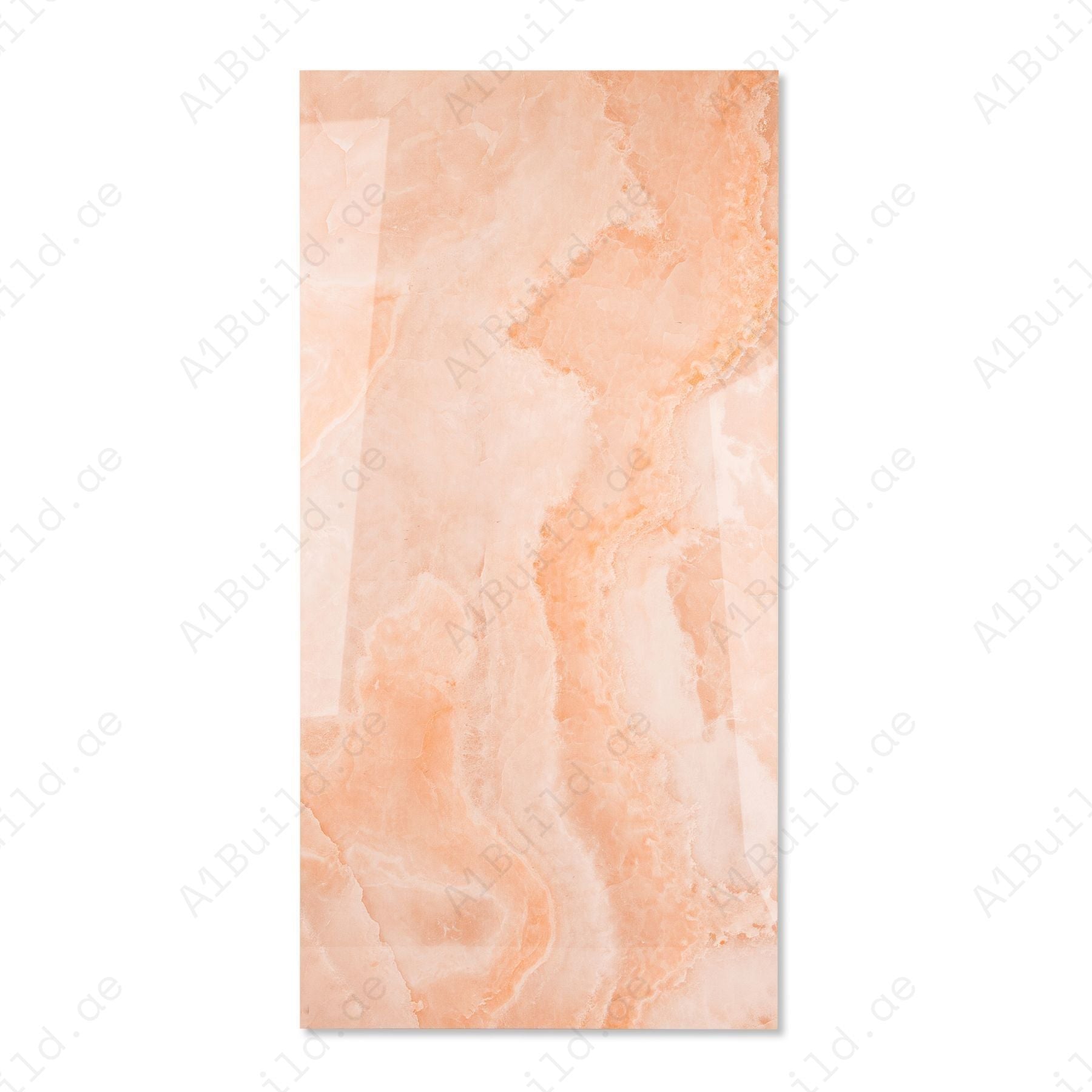 Coral Onyx glossy onyx effect porcelain tile 60x120cm with 9mm thickness features warm coral tones and polished luxury finish.
