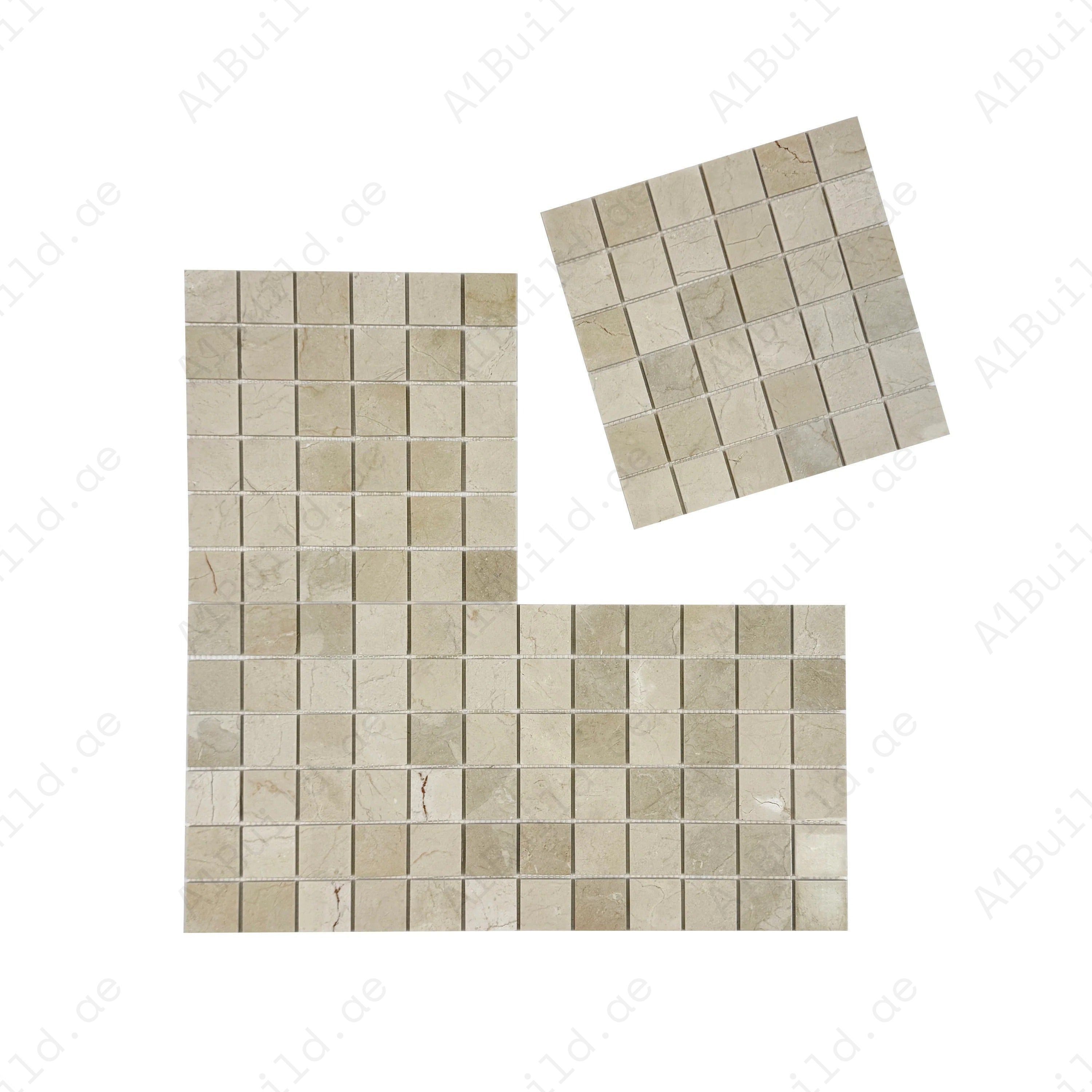 Cream Marfil polished marble mosaic enhances walls, backsplashes, and interiors with warm elegance. Durable, low-maintenance, and crafted for luxury spaces.