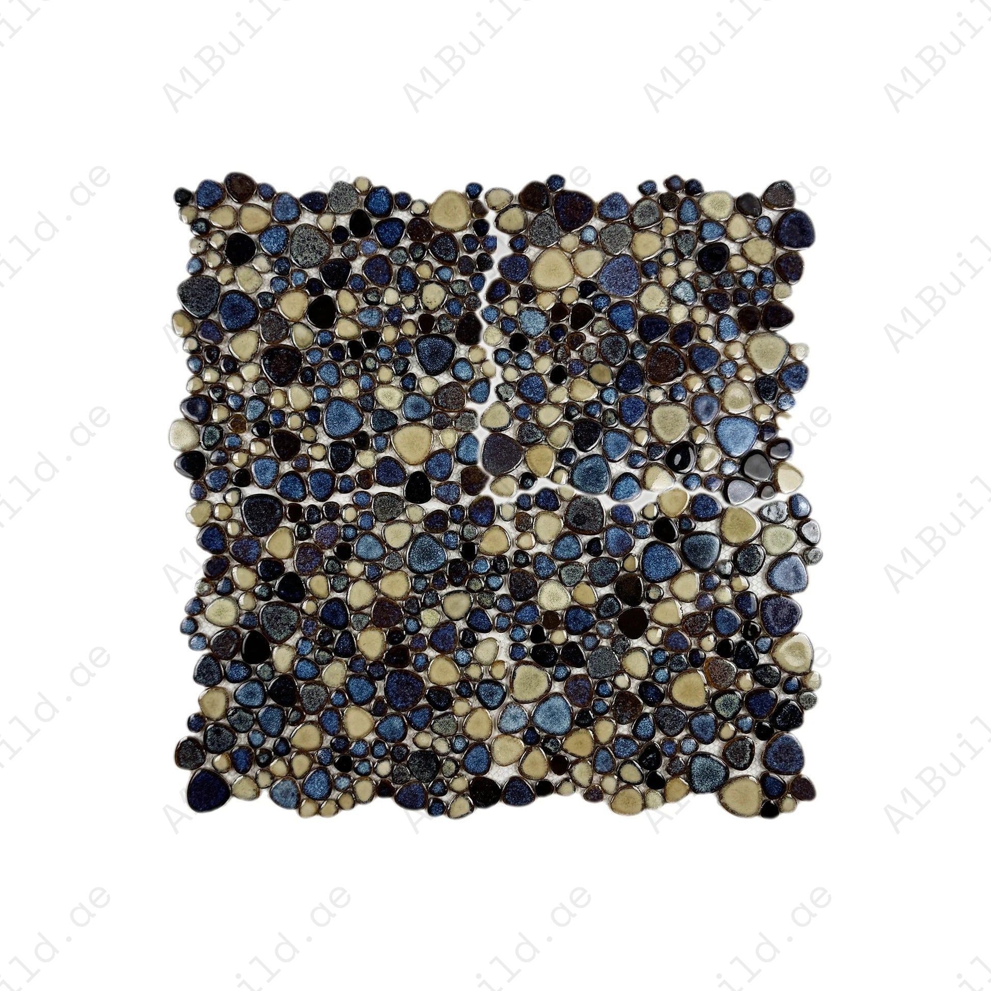 Cream white, midnight blue & walnut brown round ice crack porcelain mosaic. Perfect for walls, bathrooms, and decorative interiors with a refined style.