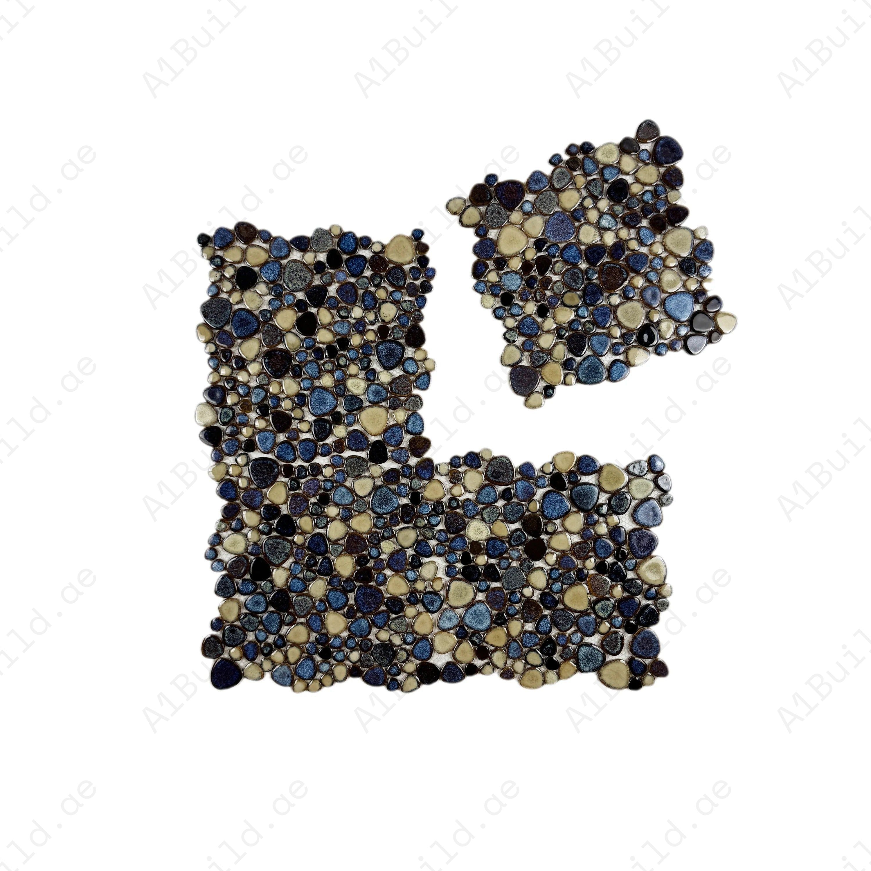 Cream white, midnight blue & walnut brown round ice crack porcelain mosaic. Perfect for walls, bathrooms, and decorative interiors with a refined style.