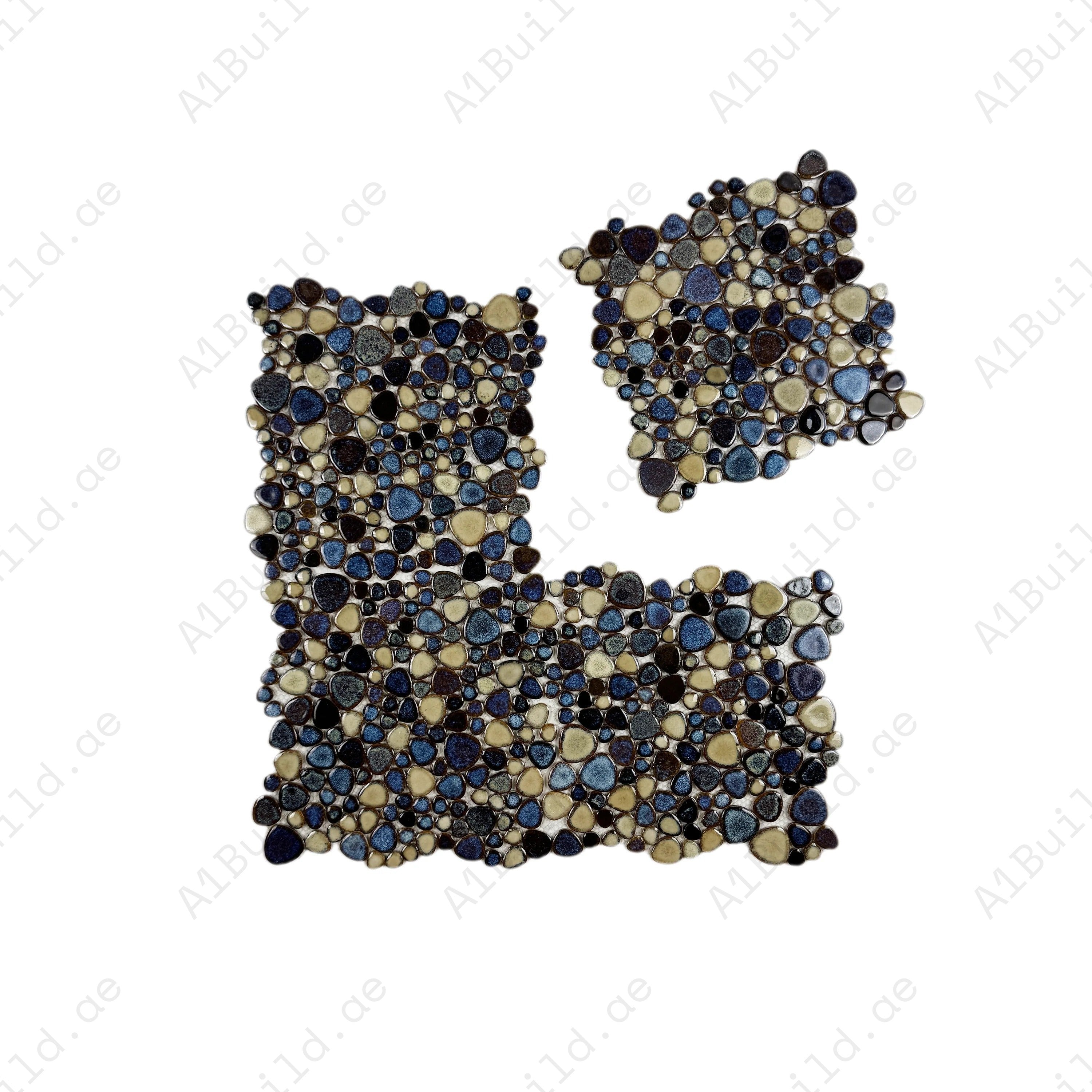 Cream white, midnight blue & walnut brown round ice crack porcelain mosaic. Perfect for walls, bathrooms, and decorative interiors with a refined style.