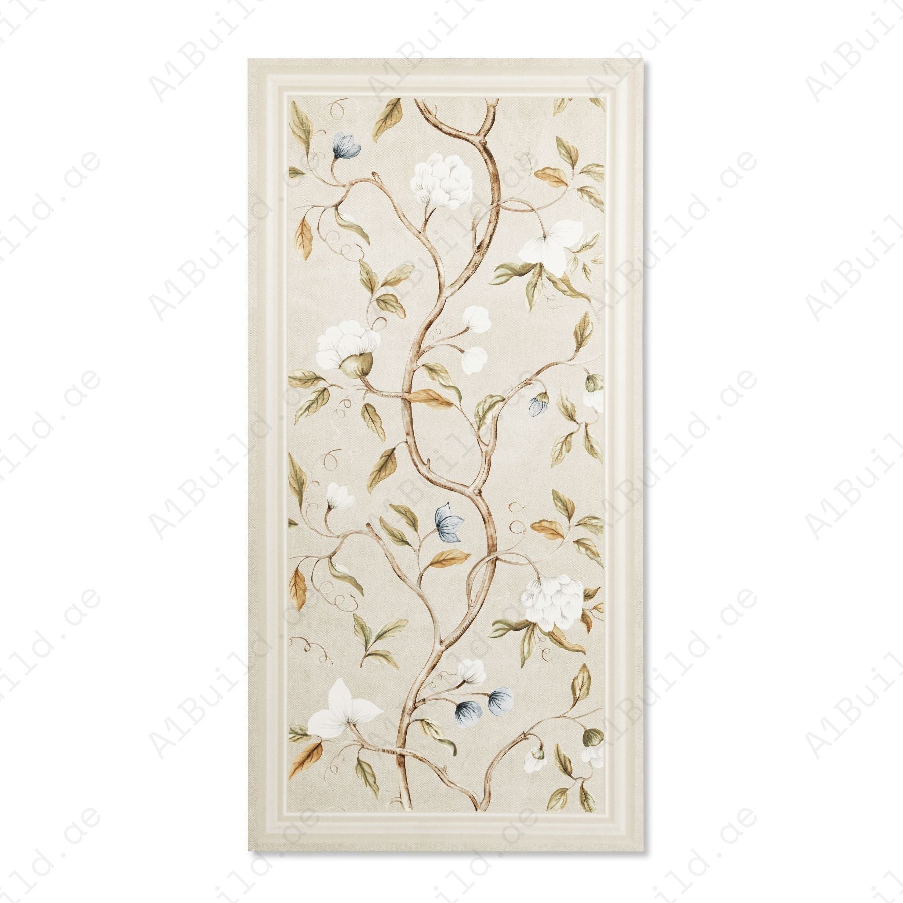 Crema Frame Blossom matt stone effect porcelain tile 60x120cm with 9mm thickness features soft beige tones and elegant floral detailing.