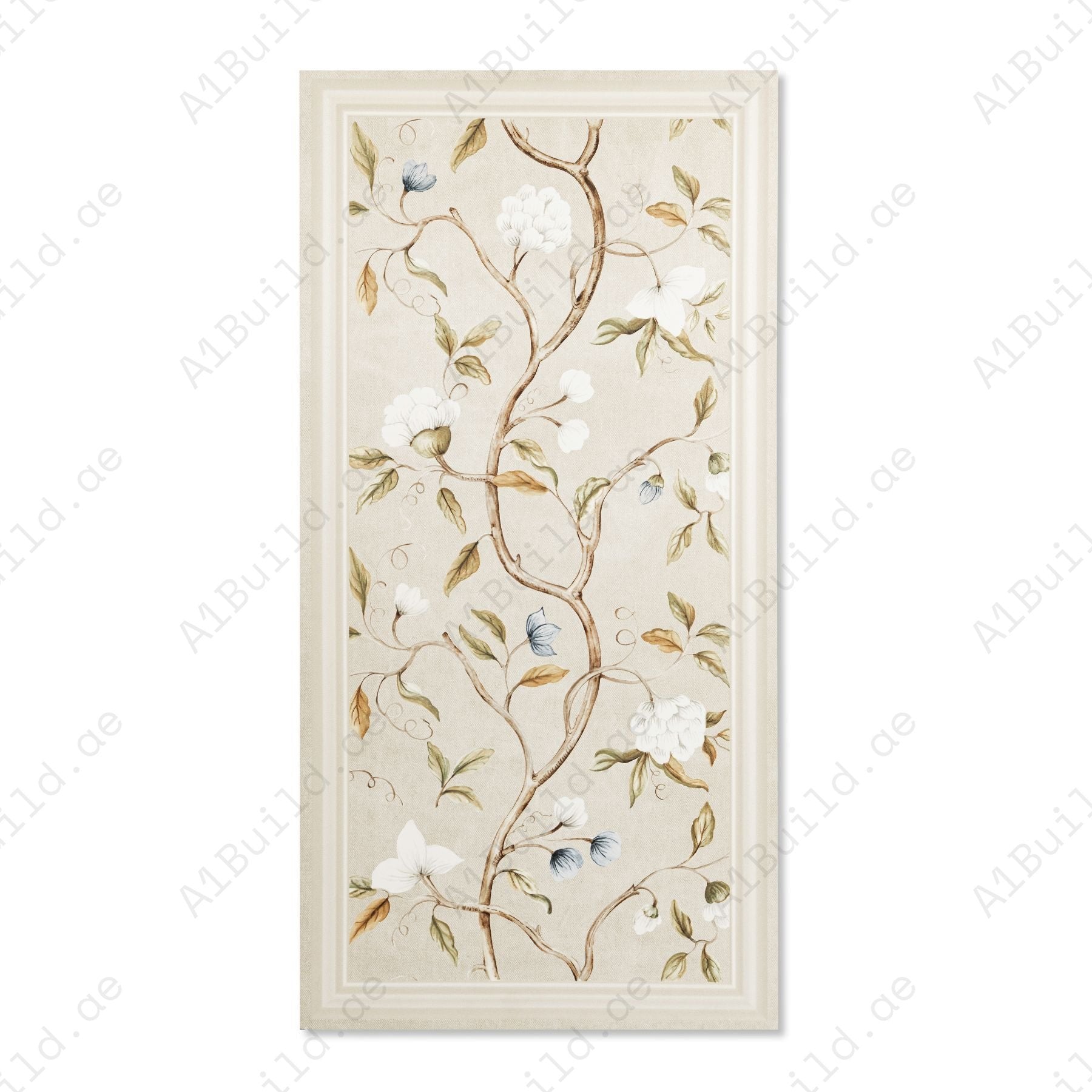Crema Frame Blossom matt stone effect porcelain tile 60x120cm with 9mm thickness features soft beige tones and elegant floral detailing.