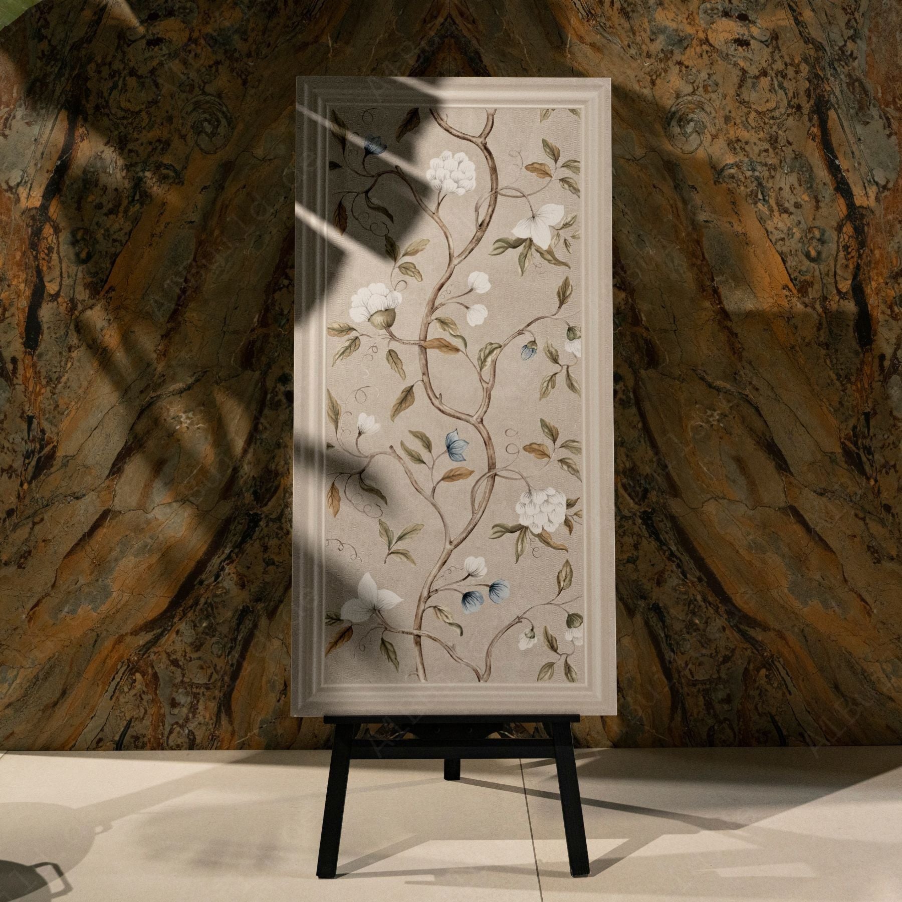 Crema Frame Blossom matt stone effect porcelain tile 60x120cm with 9mm thickness features soft beige tones and elegant floral detailing.