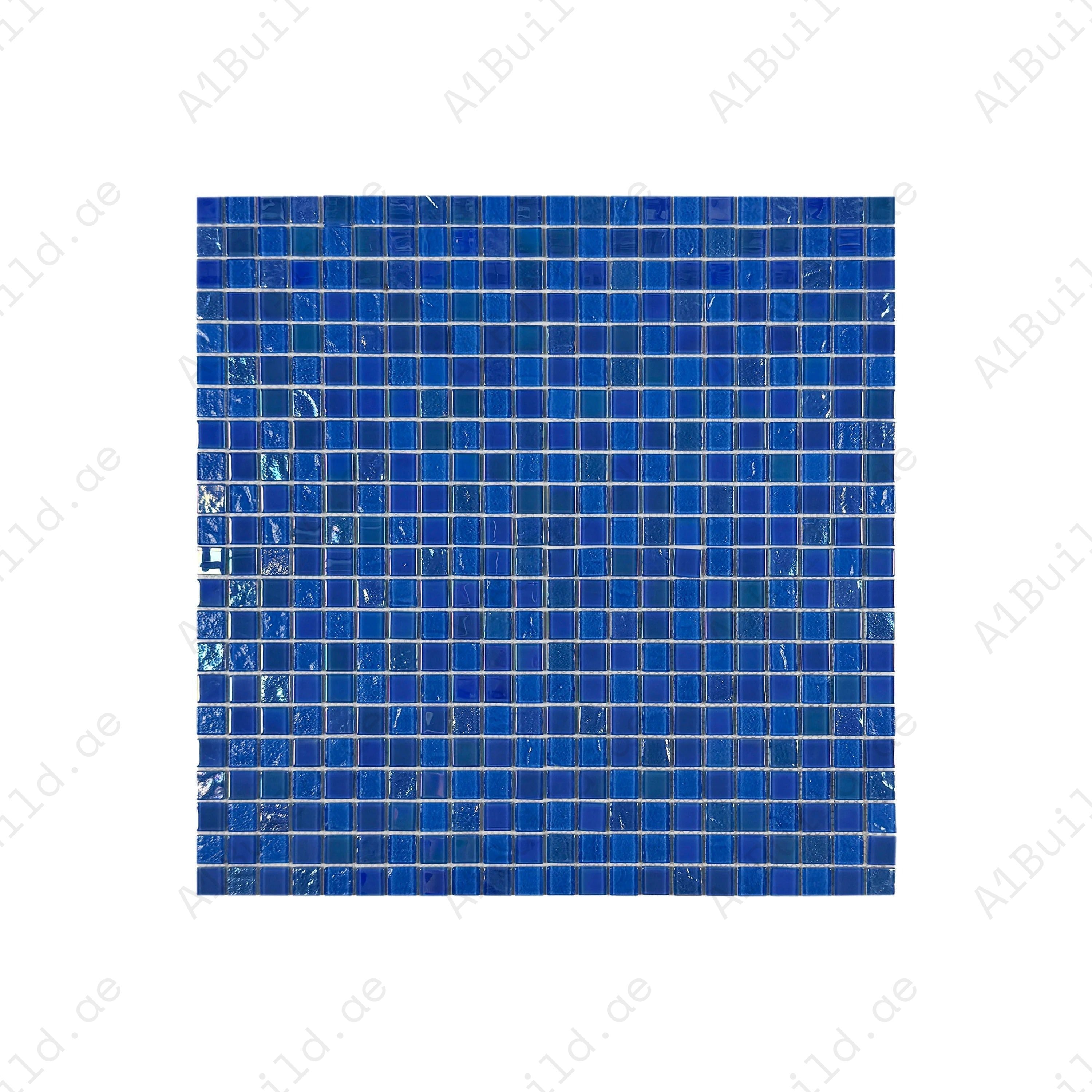 Crystal Cascade French Blue Iridescent Glass Mosaic 25x25 mm. Durable, UV-resistant, and non-toxic pool tiles ideal for pools, spas, water walls, and décor.
