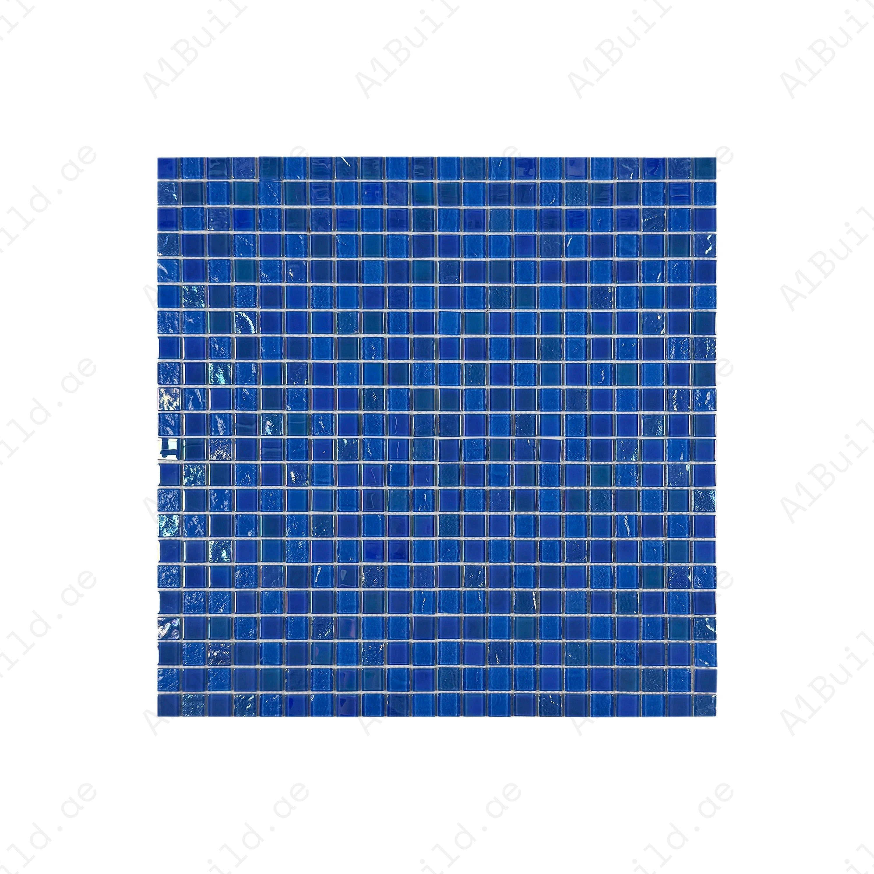 Crystal Cascade French Blue Iridescent Glass Mosaic 25x25 mm. Durable, UV-resistant, and non-toxic pool tiles ideal for pools, spas, water walls, and décor.
