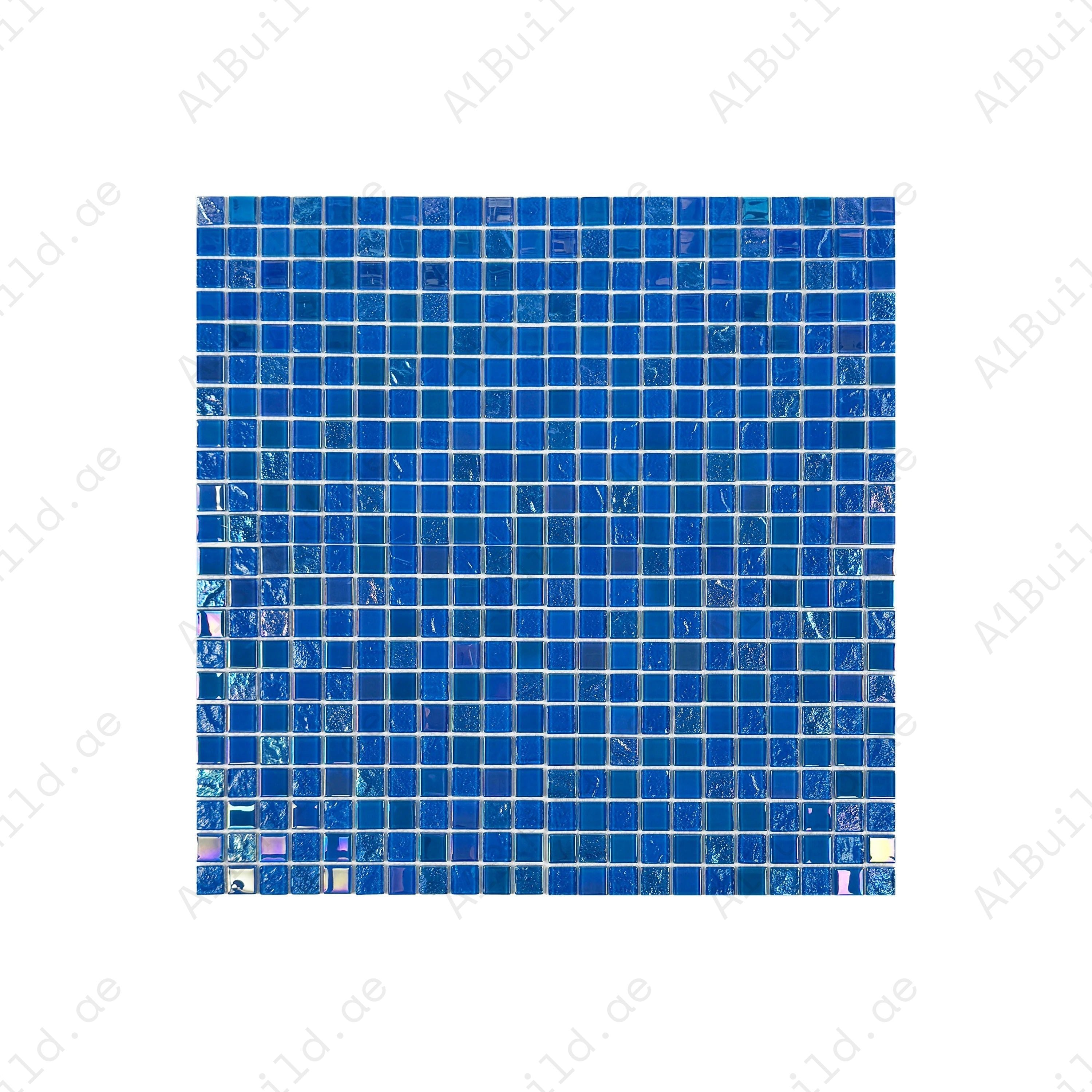 Crystal Cascade French & Oriental Blue Iridescent Glass Mosaic 25x25 mm. Durable, non-toxic pool tiles ideal for pools, spas, water features, and walls.