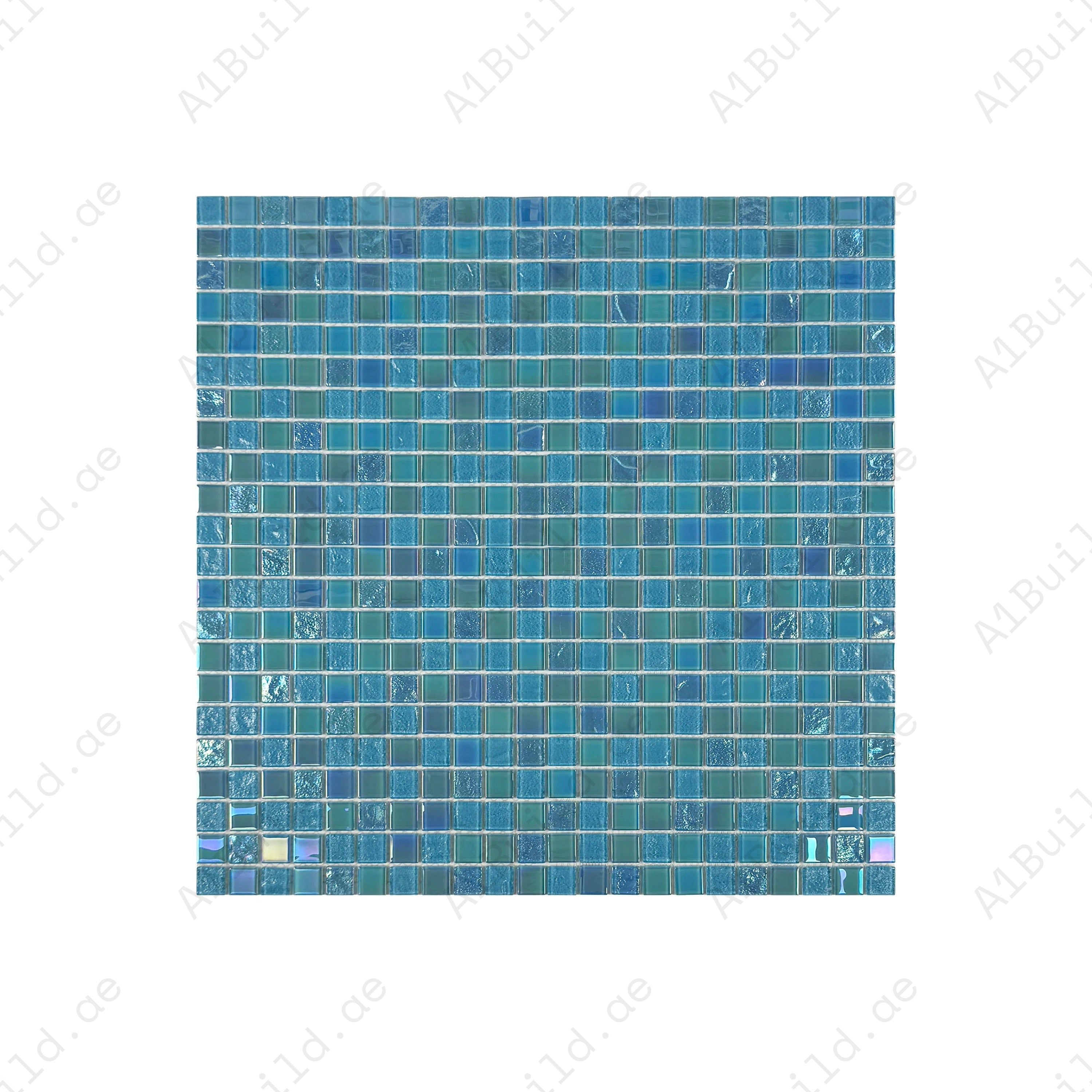 Crystal Cascade Jungle & Moss Green Iridescent Glass Mosaic 25x25 mm. Durable, UV-resistant, non-toxic tiles perfect for pools, spas, water features, and walls.