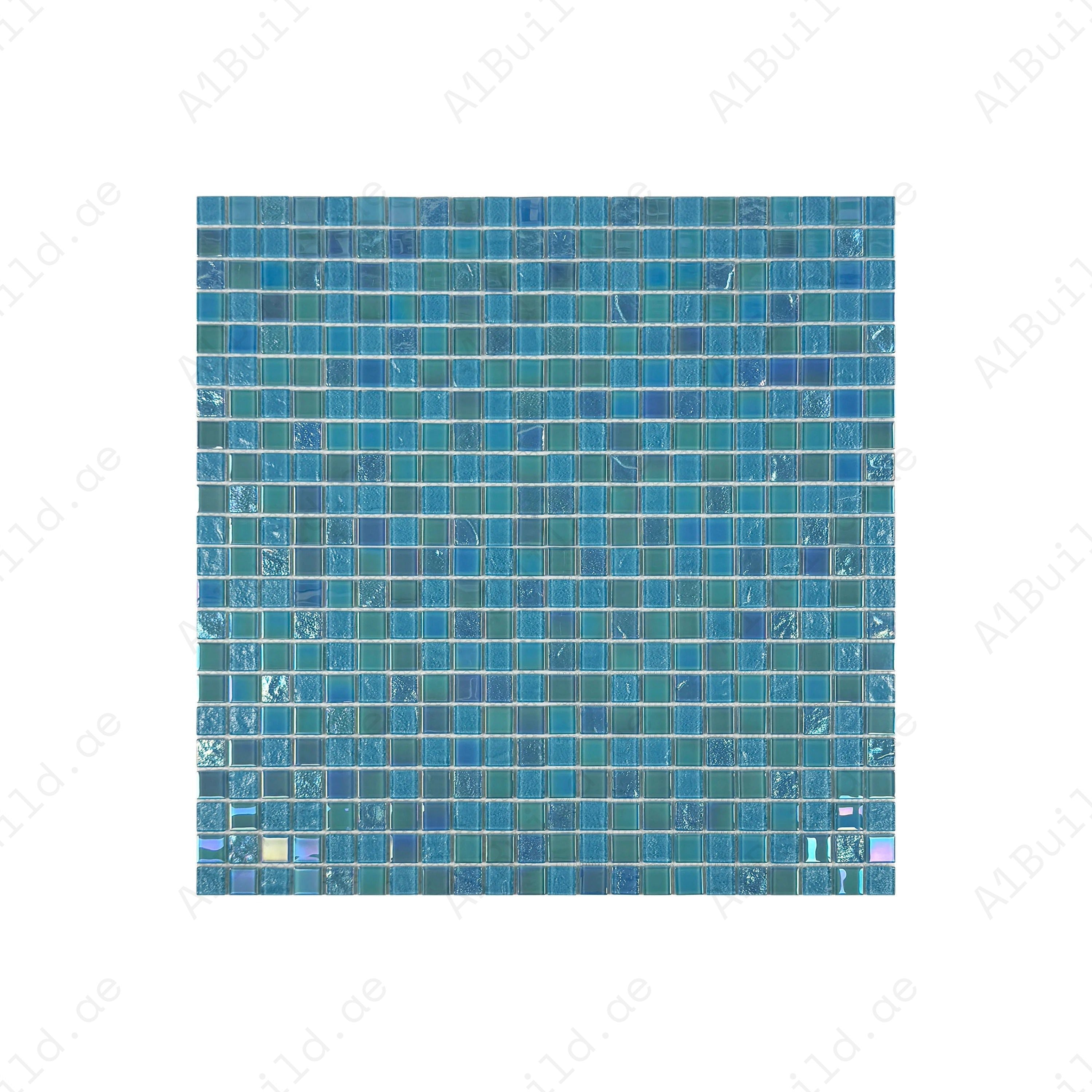 Crystal Cascade Jungle & Moss Green Iridescent Glass Mosaic 25x25 mm. Durable, UV-resistant, non-toxic tiles perfect for pools, spas, water features, and walls.