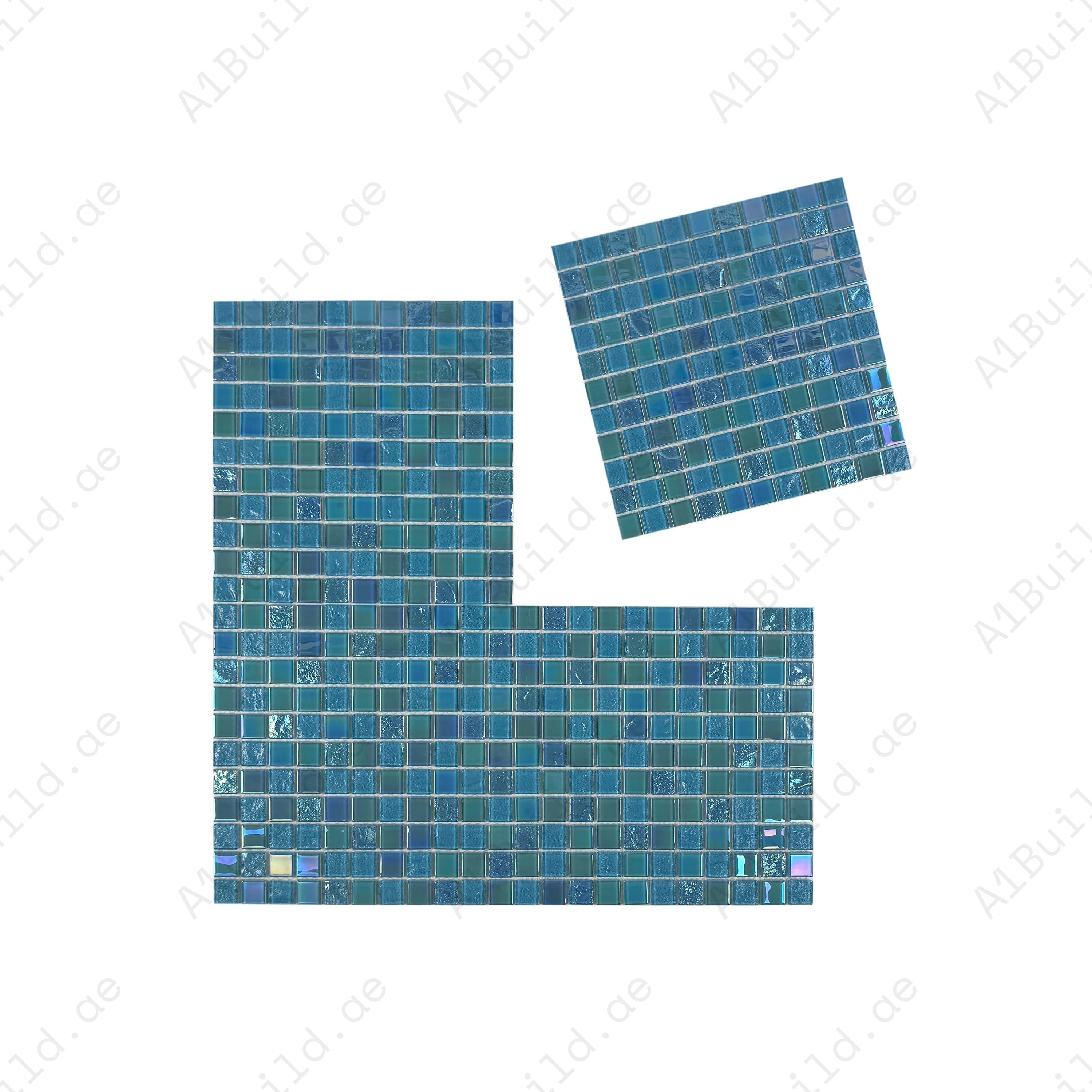Crystal Cascade Jungle & Moss Green Iridescent Glass Mosaic 25x25 mm. Durable, UV-resistant, non-toxic tiles perfect for pools, spas, water features, and walls.