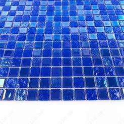 Crystal Cascade Klein Blue Iridescent Glass Mosaic 25x25 mm. Durable, UV-resistant, non-toxic tiles ideal for swimming pools, spas, water walls, and interiors.