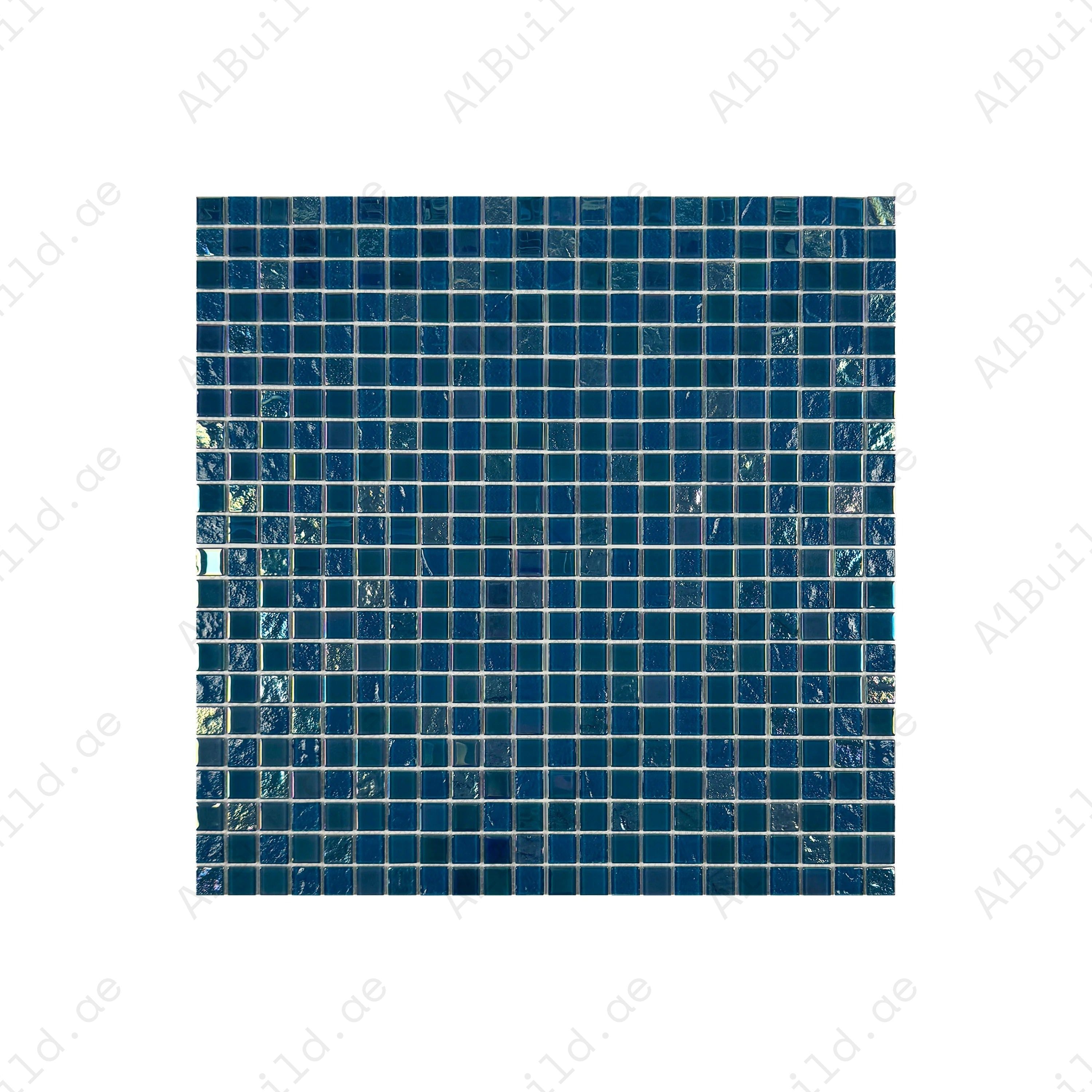 Crystal Cascade Pine Green & Sapphire Blue Iridescent Glass Mosaic 25x25 mm. Durable, UV-resistant, and non-toxic tiles for pools, spas, water features, and walls.