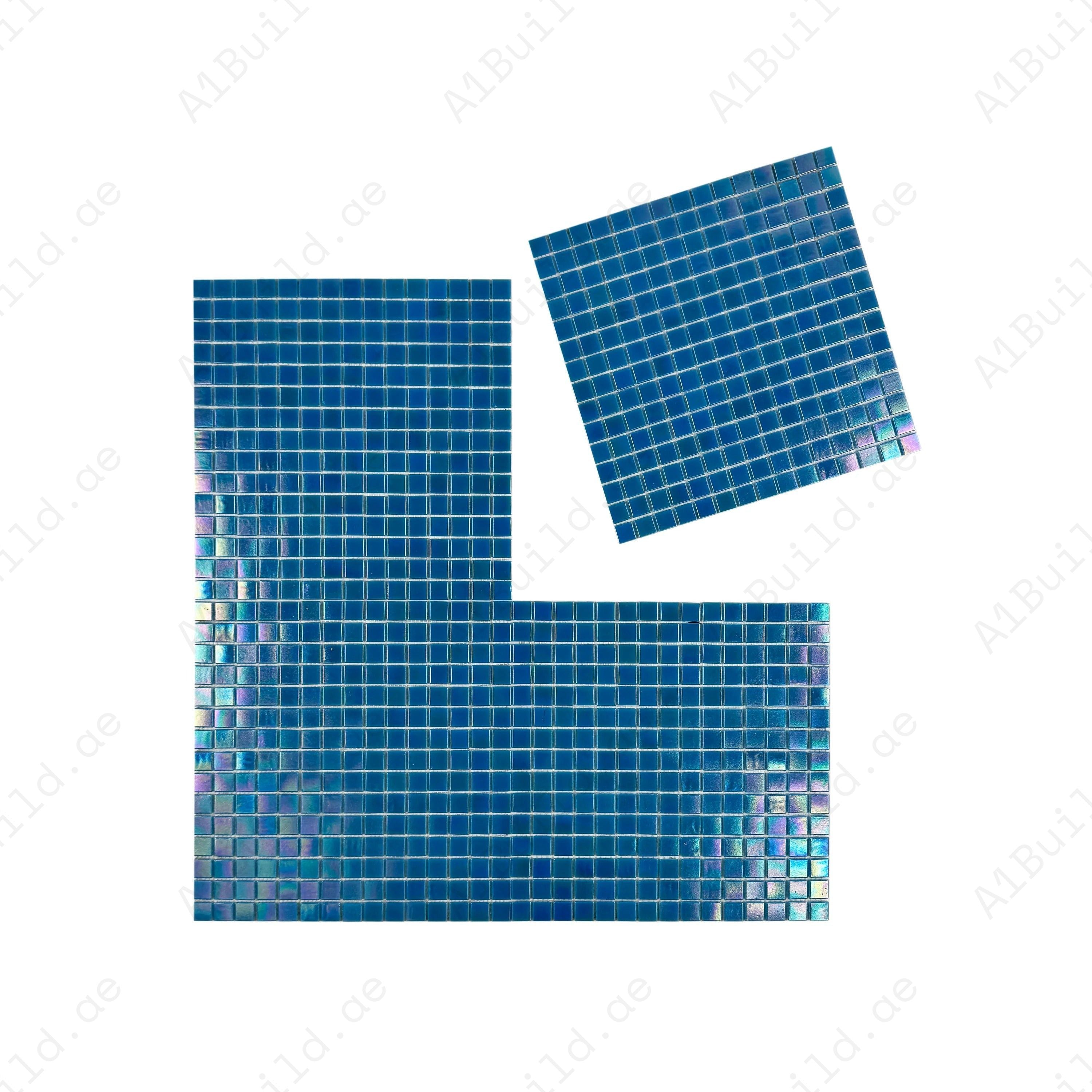 Cyan Blue Iridescent Glass Mosaic – premium, durable & eco-friendly tiles with UV and slip resistance, perfect for pools, spas, water features & walls.
